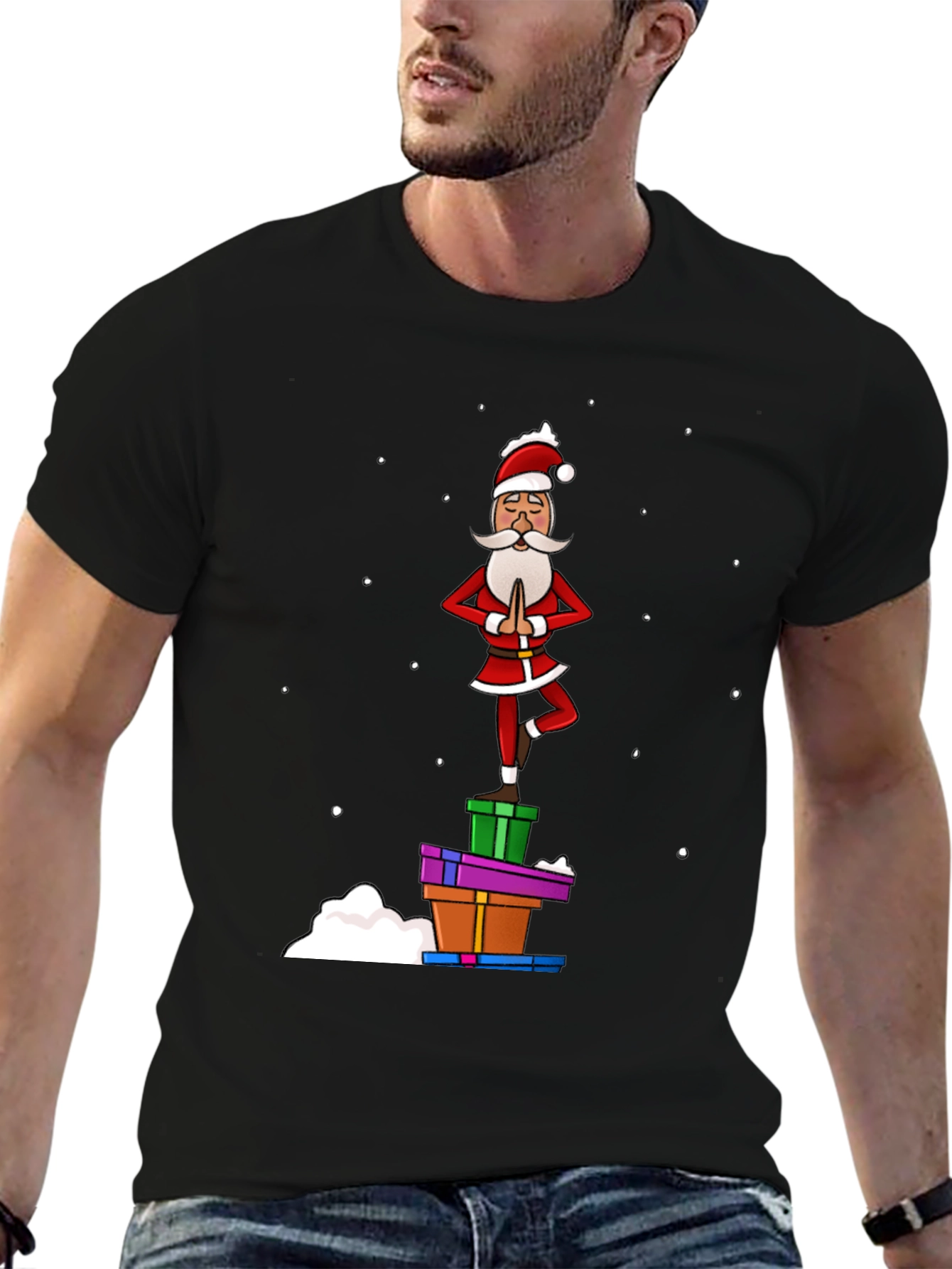 Black Yoga Santa T-Shirt - Festive Holiday Apparel view 6
