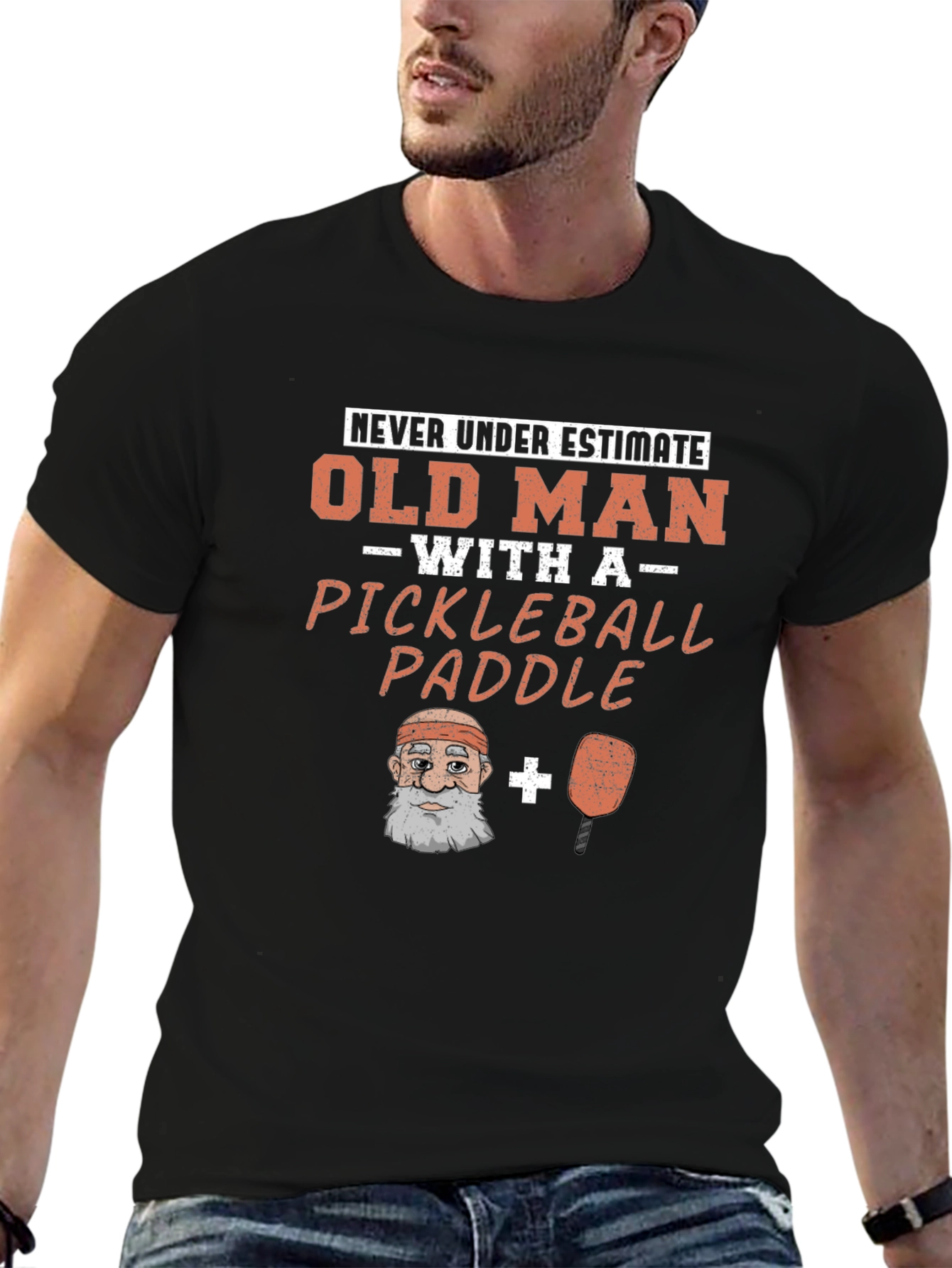 Black Old Man Pickleball Paddle Funny Graphic Tee view 6