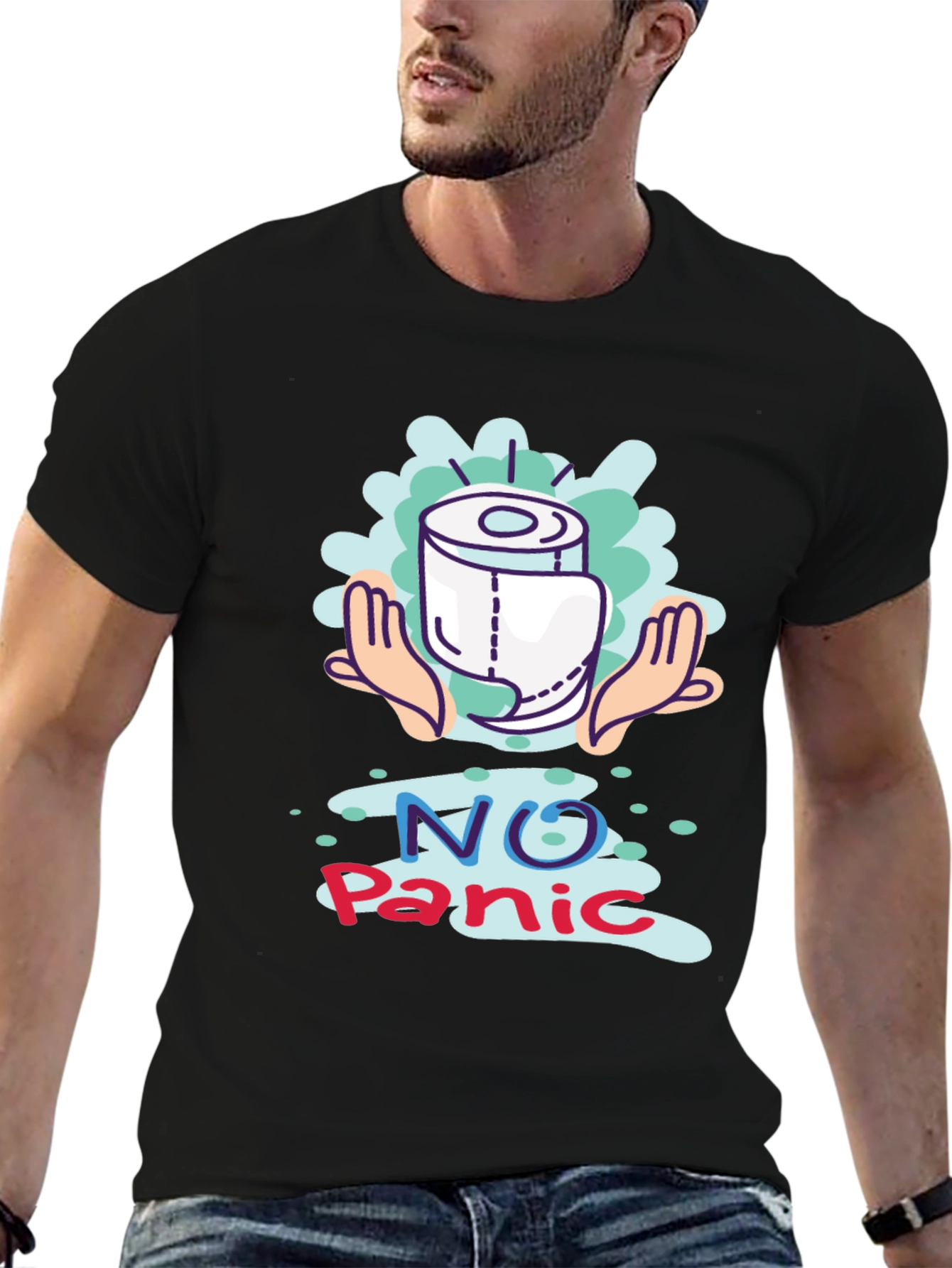 Black No Panic Toilet Paper Graphic Tee view 6
