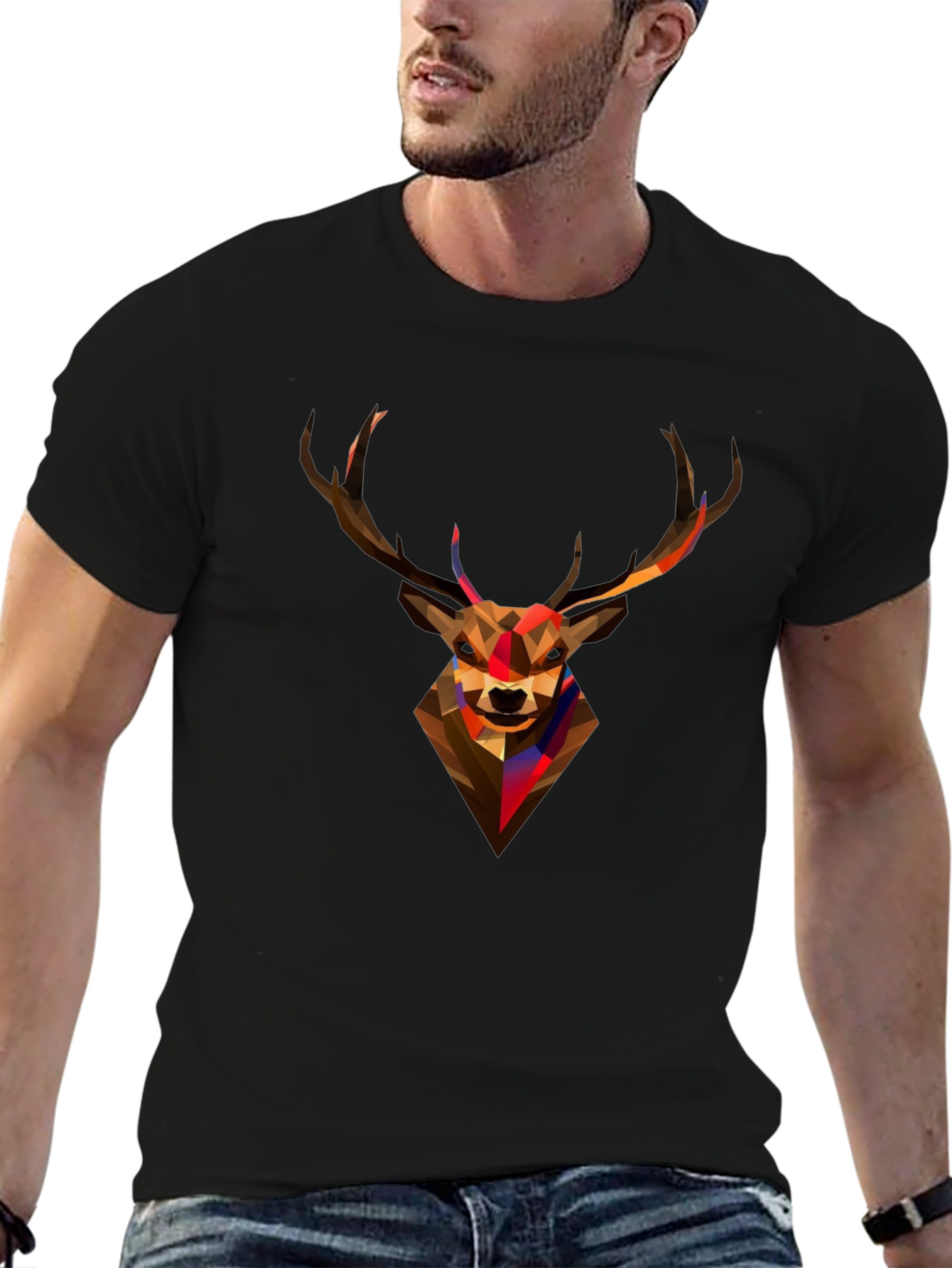 Black Geometric Deer Head Black T-Shirt - Modern Graphic Tee view 6