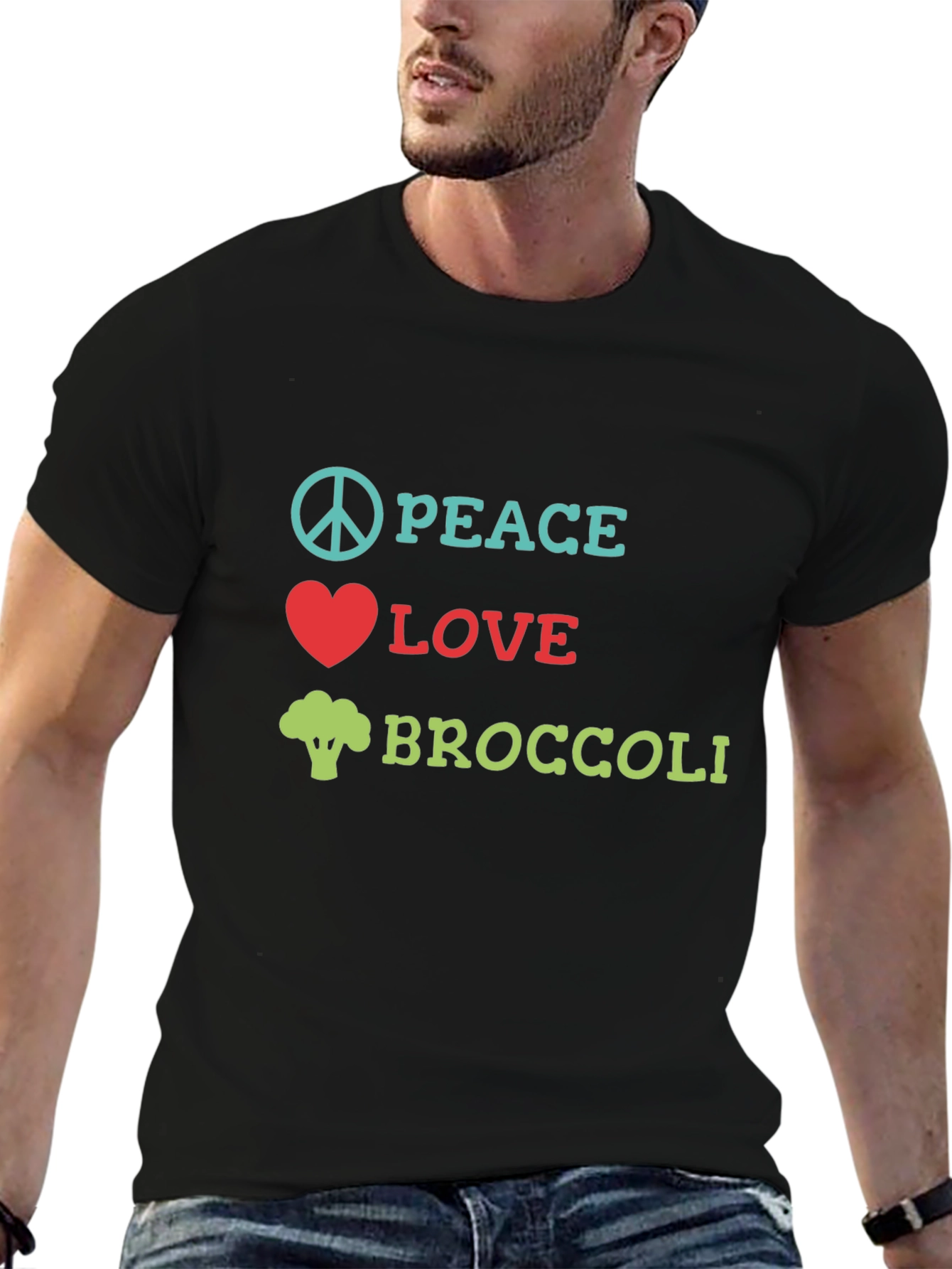 Black Peace Love Broccoli T-Shirt, Funny Vegan Tee view 6