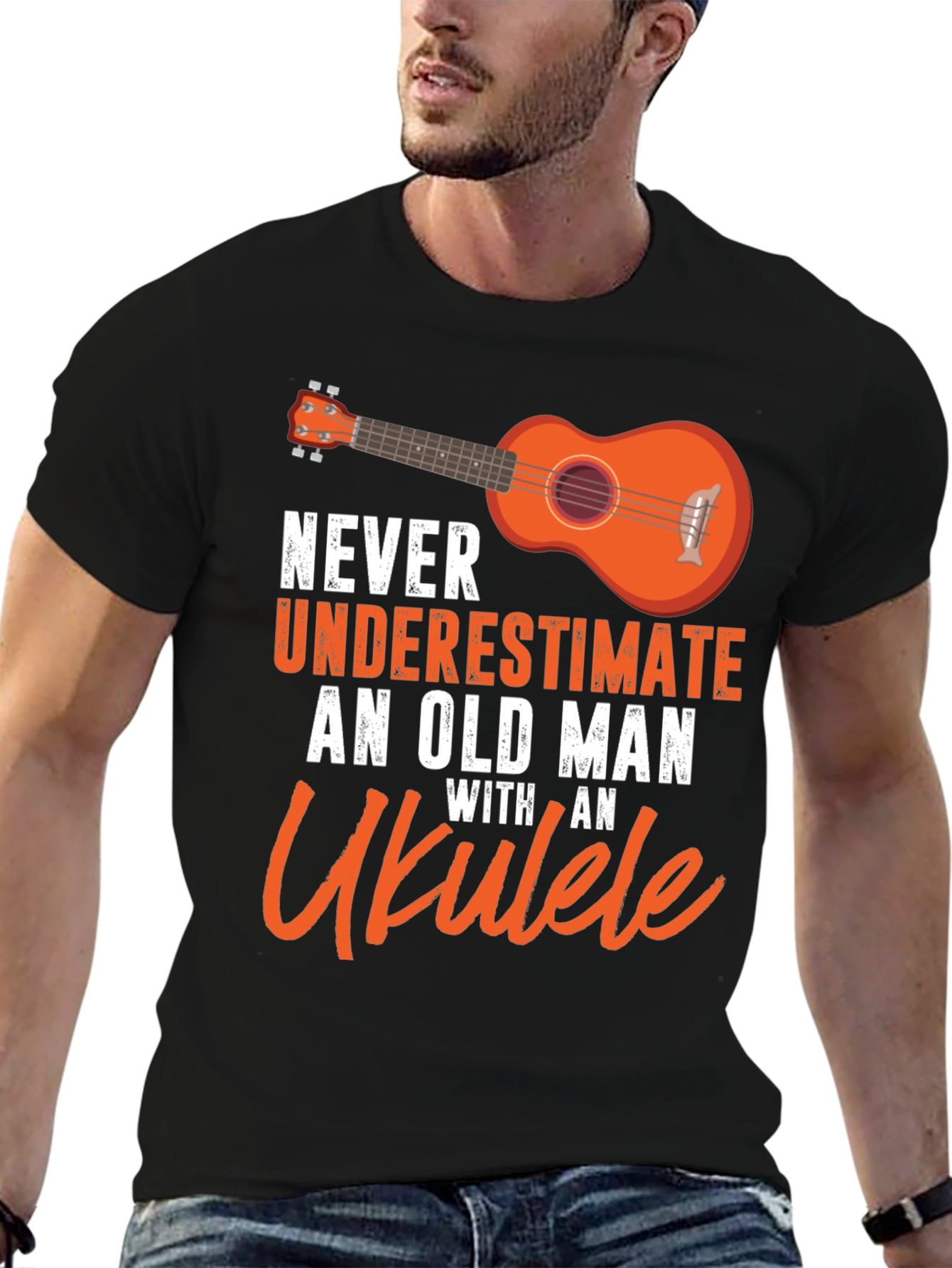 Black Ukulele Old Man T-Shirt - Music Lover Gift view 6