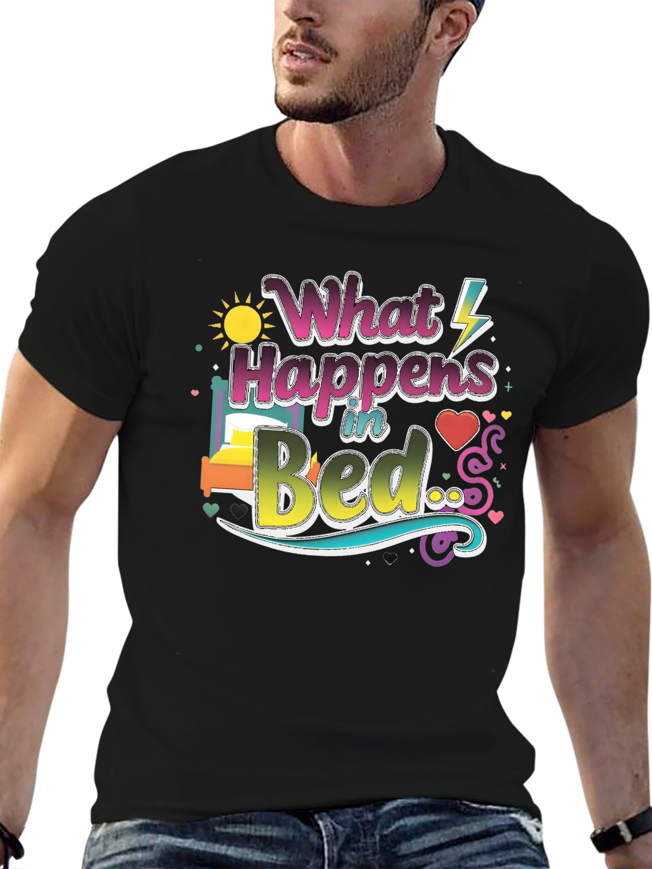 Black What Happens in Bed Graphic T-Shirt view 6