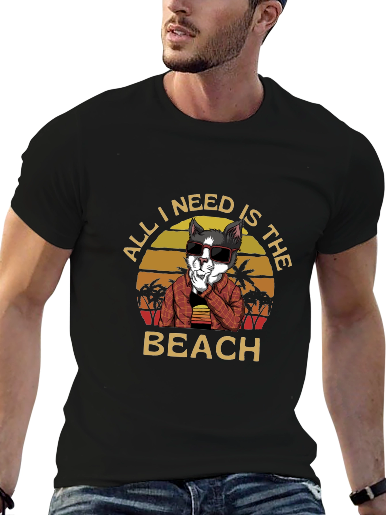 Black All I Need Is The Beach Cat T-Shirt view 6
