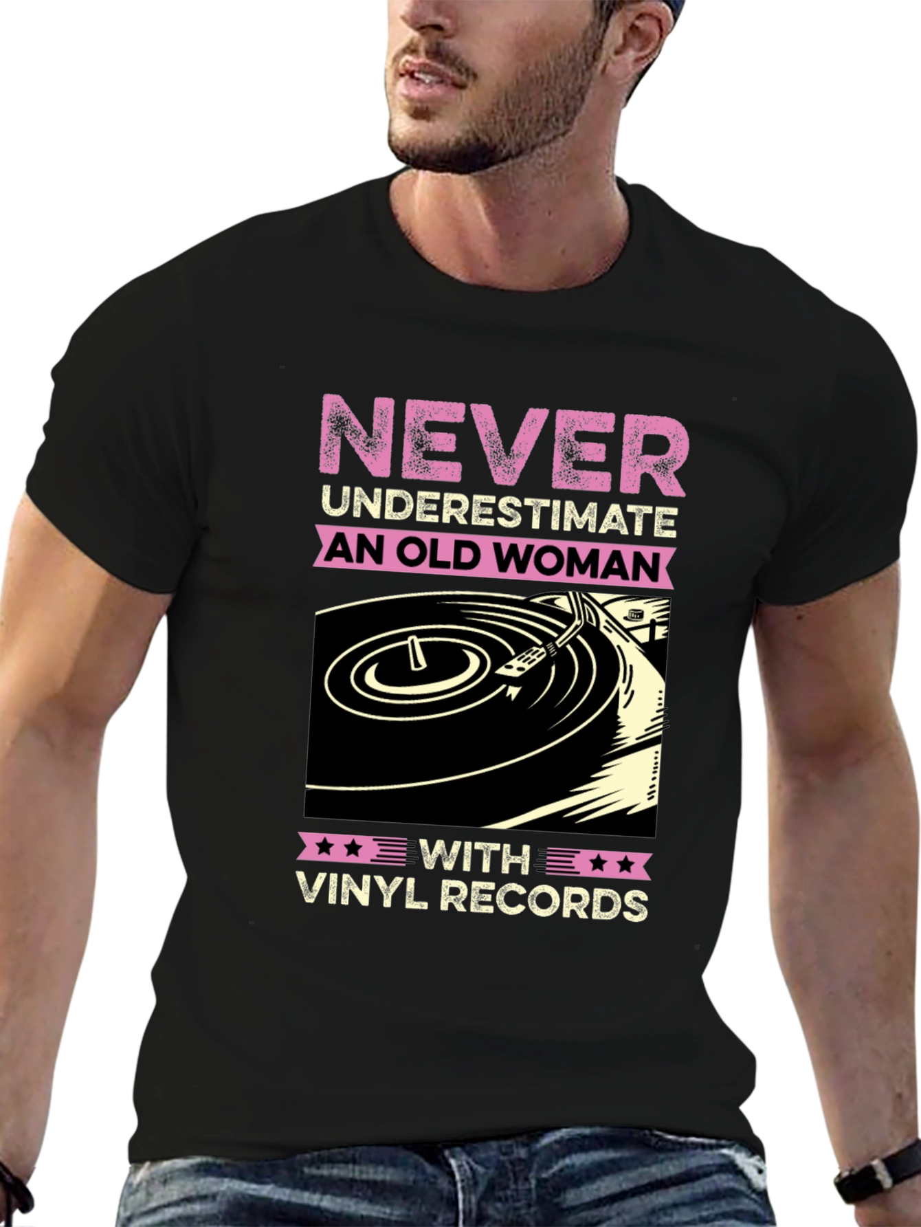 Black Never Underestimate Old Woman Vinyl Records T-Shirt view 6
