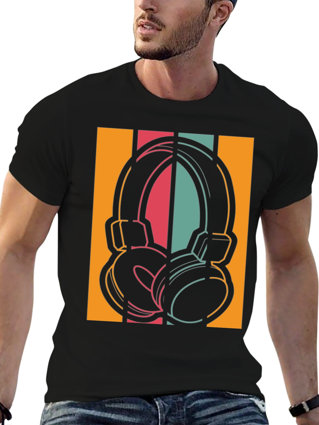 Black Retro Headphones Graphic Tee - Vintage Style Music Shirt view 6