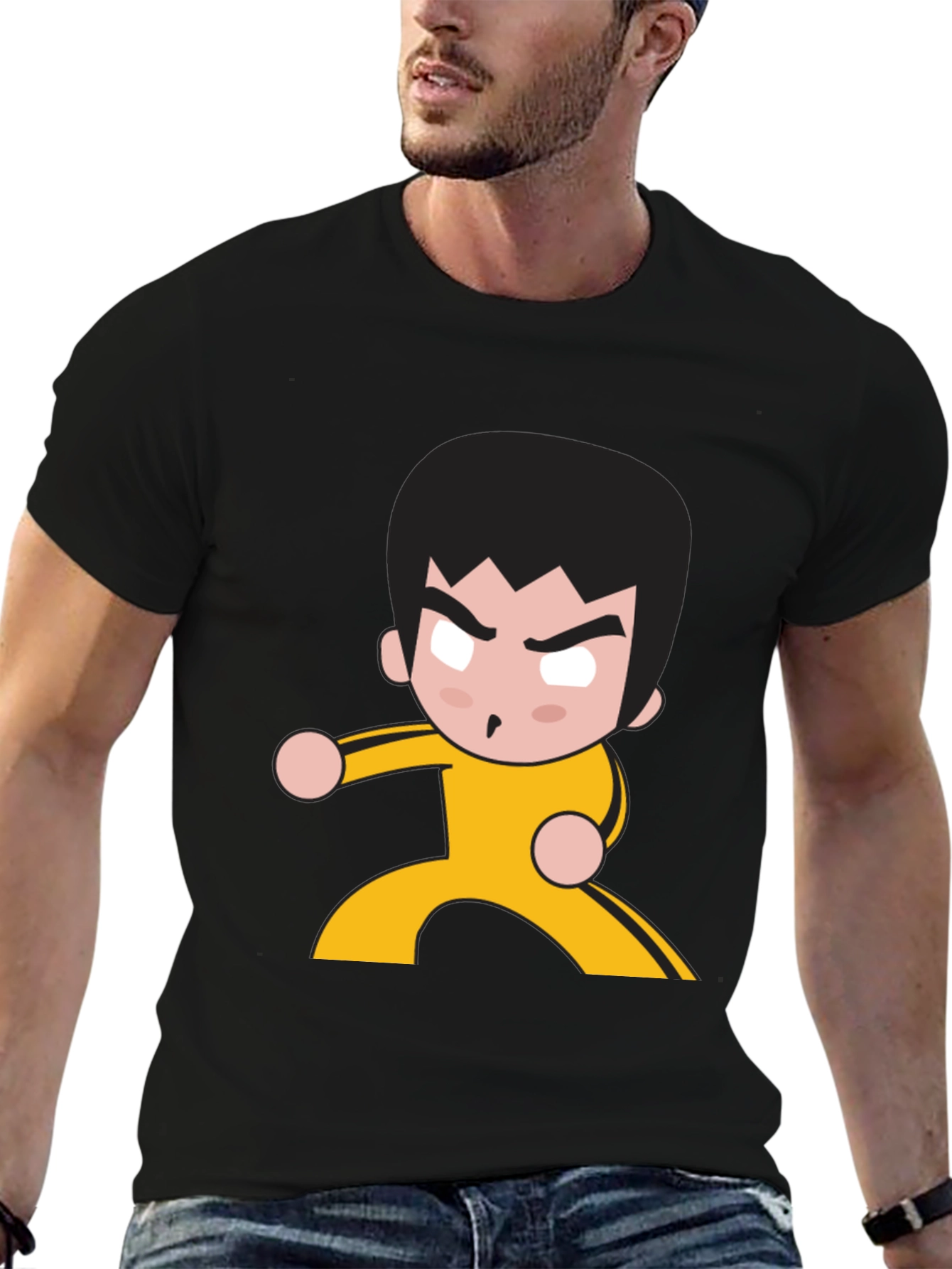 Black Martial Arts Cartoon Graphic Black T-Shirt view 6