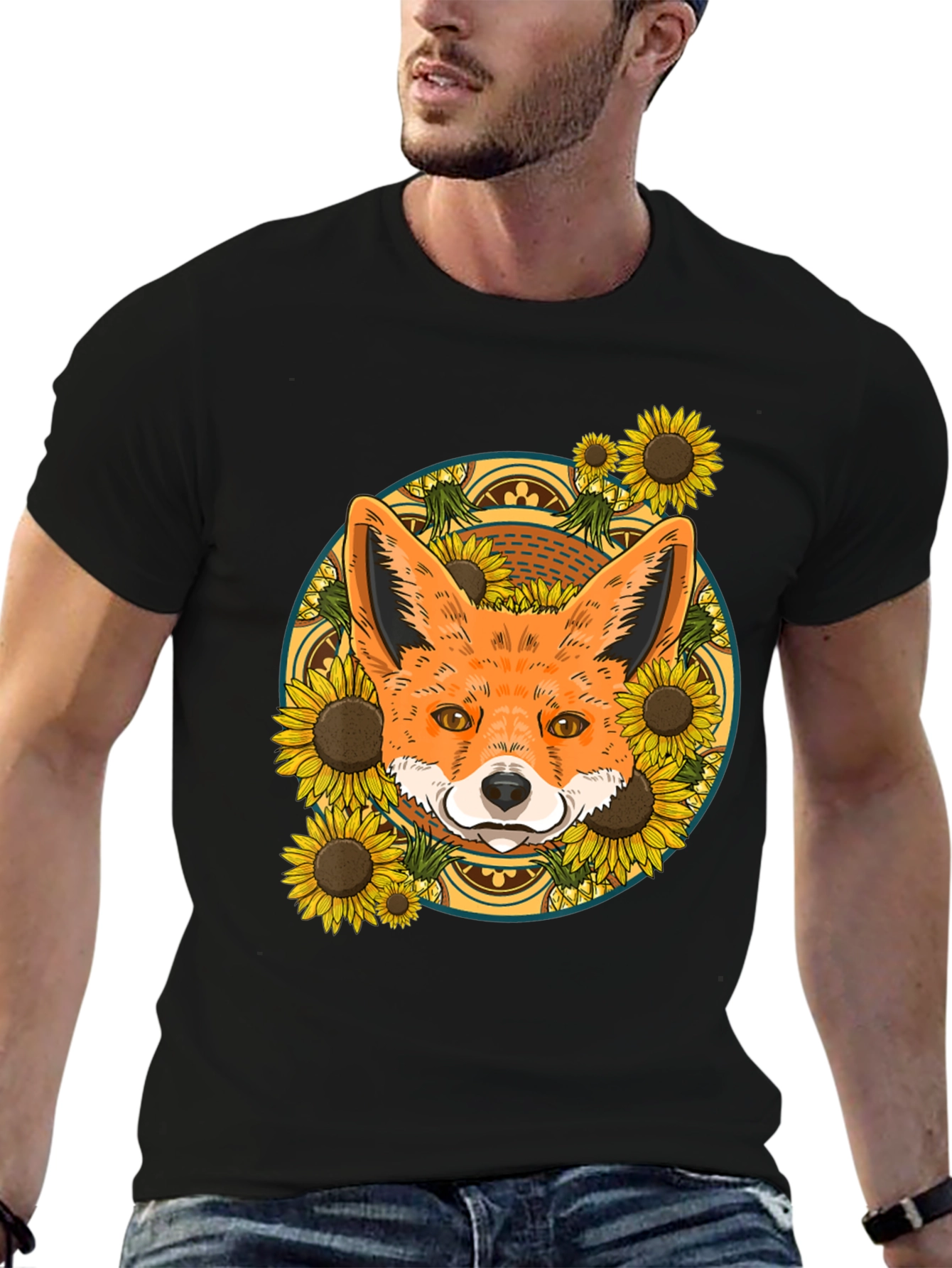 Black Fox & Sunflower Graphic Tee - Nature Lover's T-Shirt view 6
