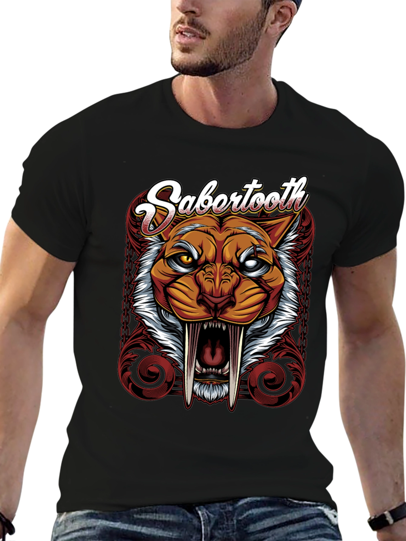 Black Sabertooth Graphic Tee - Fierce Feline T-Shirt view 6