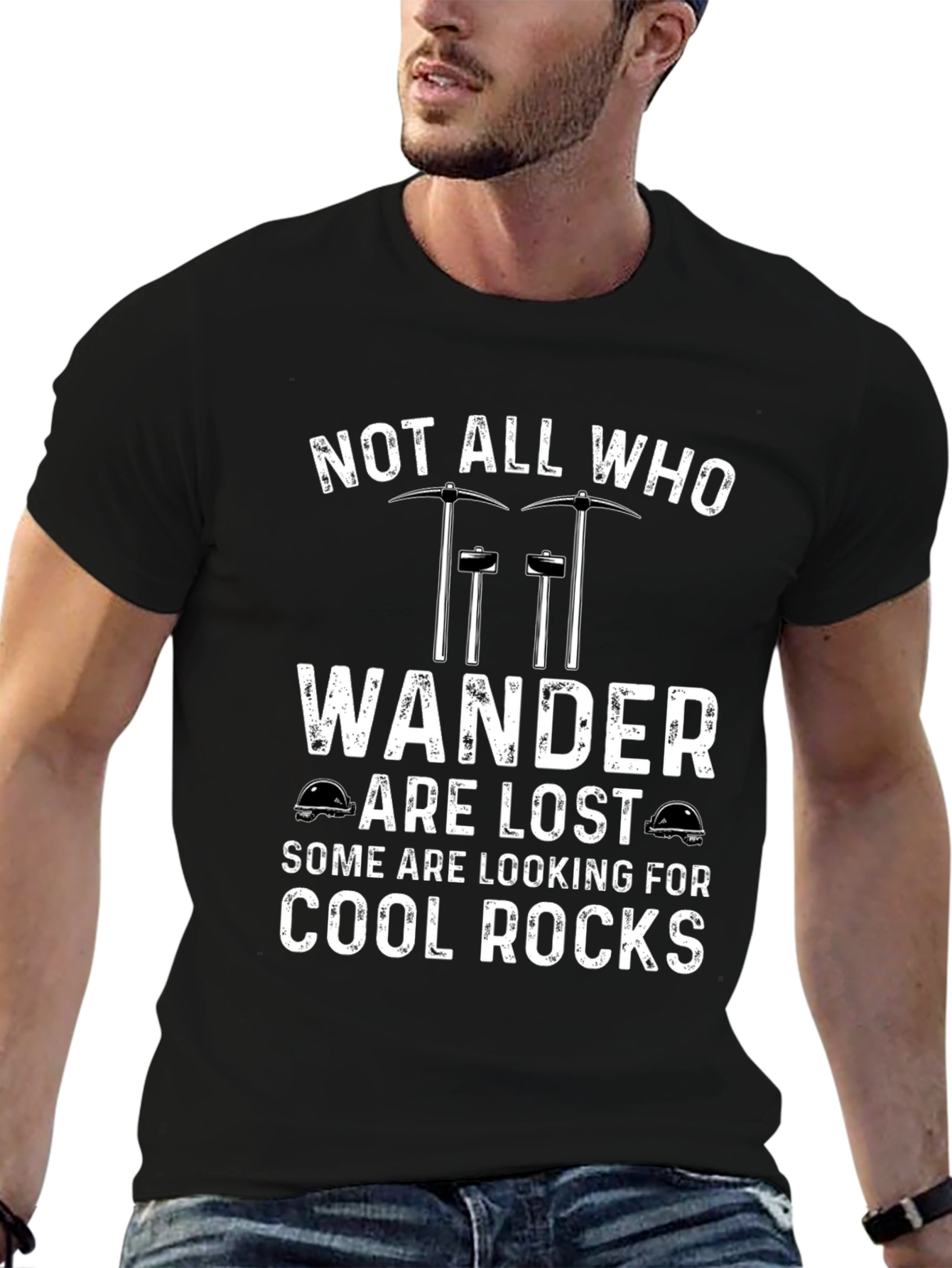 Black Cool Rocks T-Shirt: Not All Who Wander Are Lost view 6