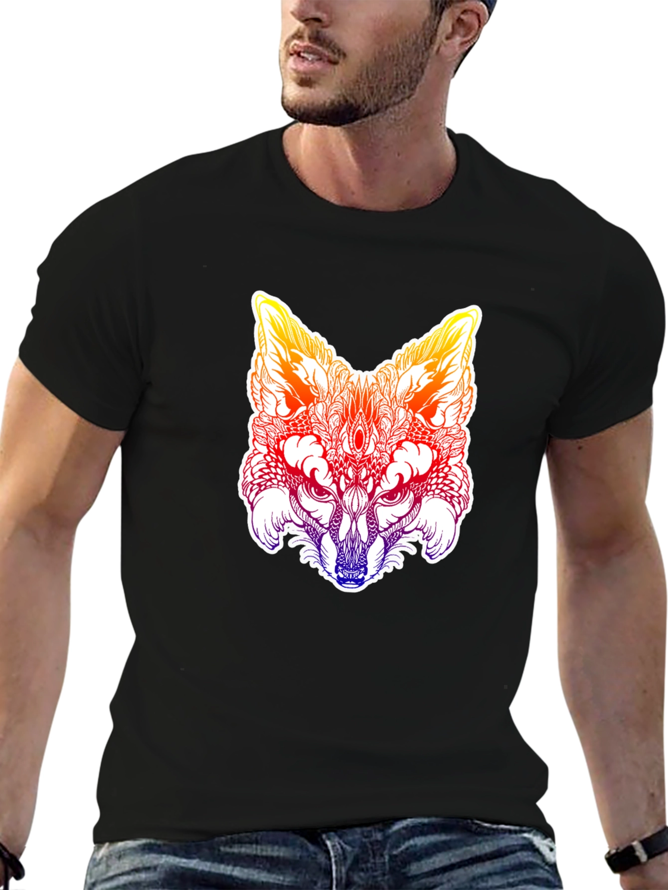 Black Psychedelic Fox Head Graphic Tee - Men's Black T-Shirt view 6