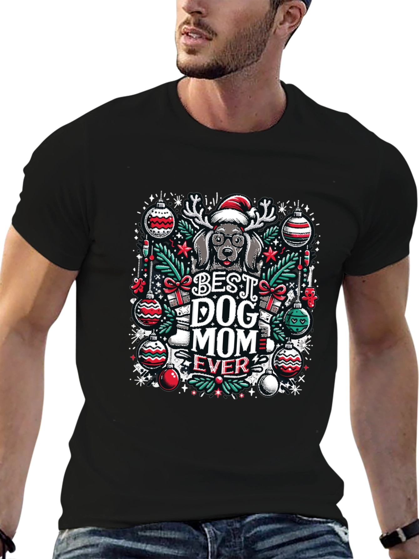 Black Best Dog Mom Ever Christmas T-Shirt view 6