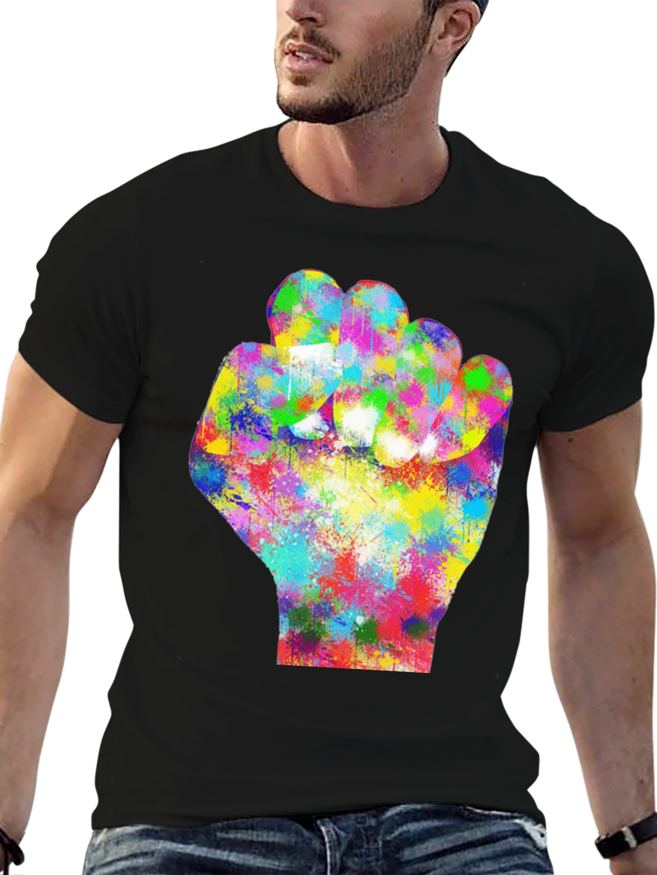 Black Colorful Fist Graphic Black T-Shirt view 6