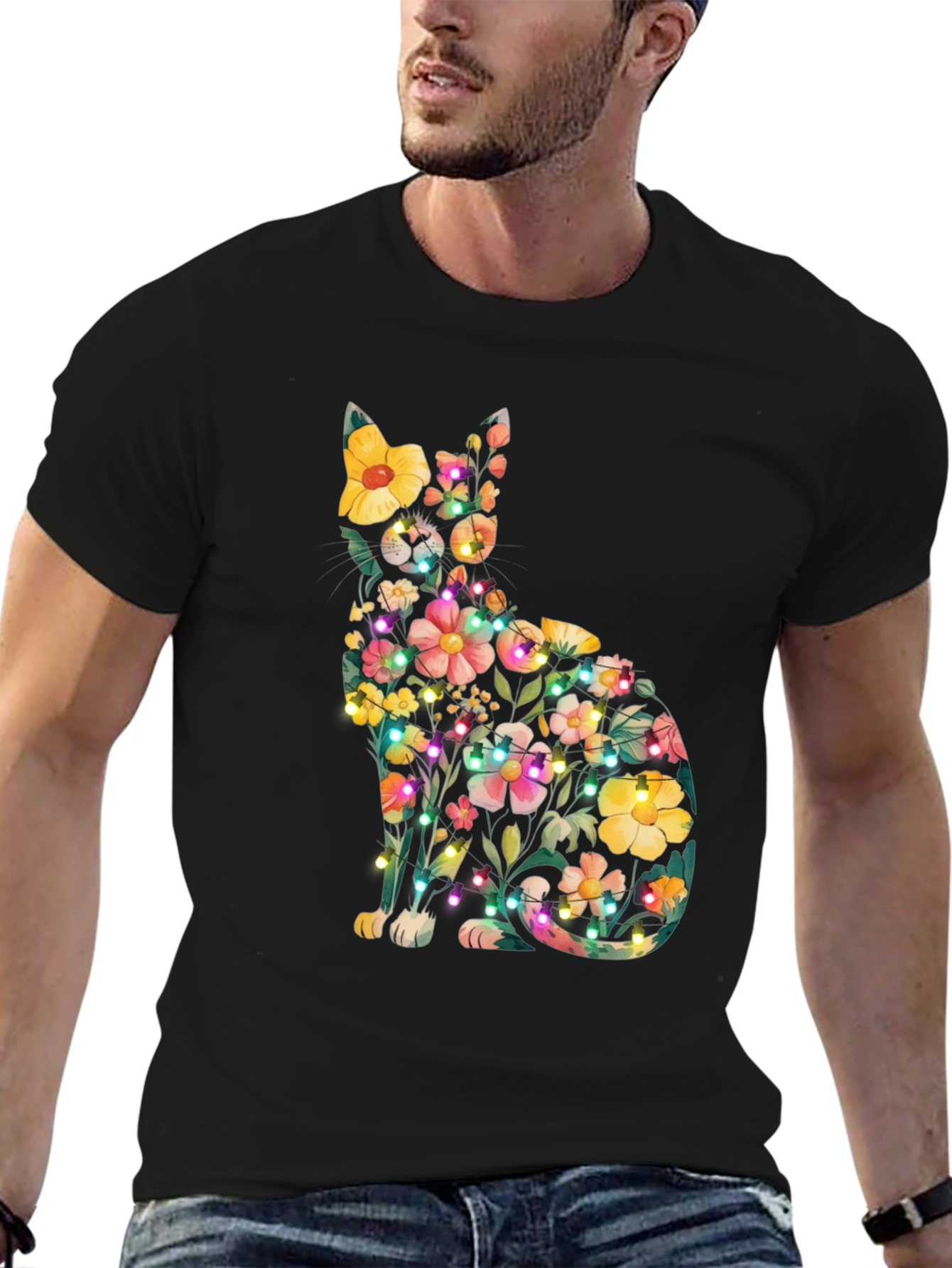Black Floral Cat Tee - Whimsical & Unique Design view 6