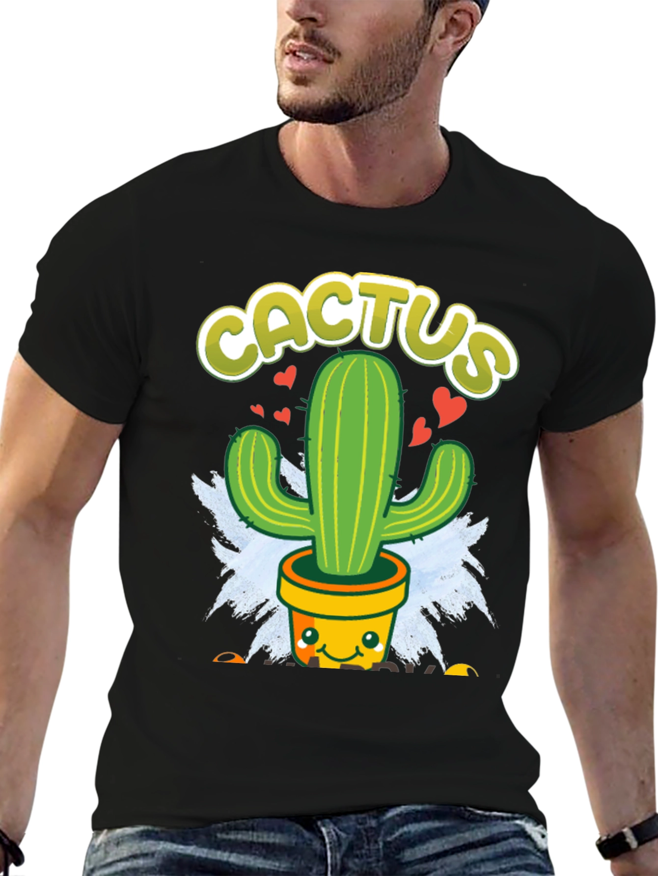 Black Cute Cactus Graphic Tee - Black Cotton T-Shirt view 6