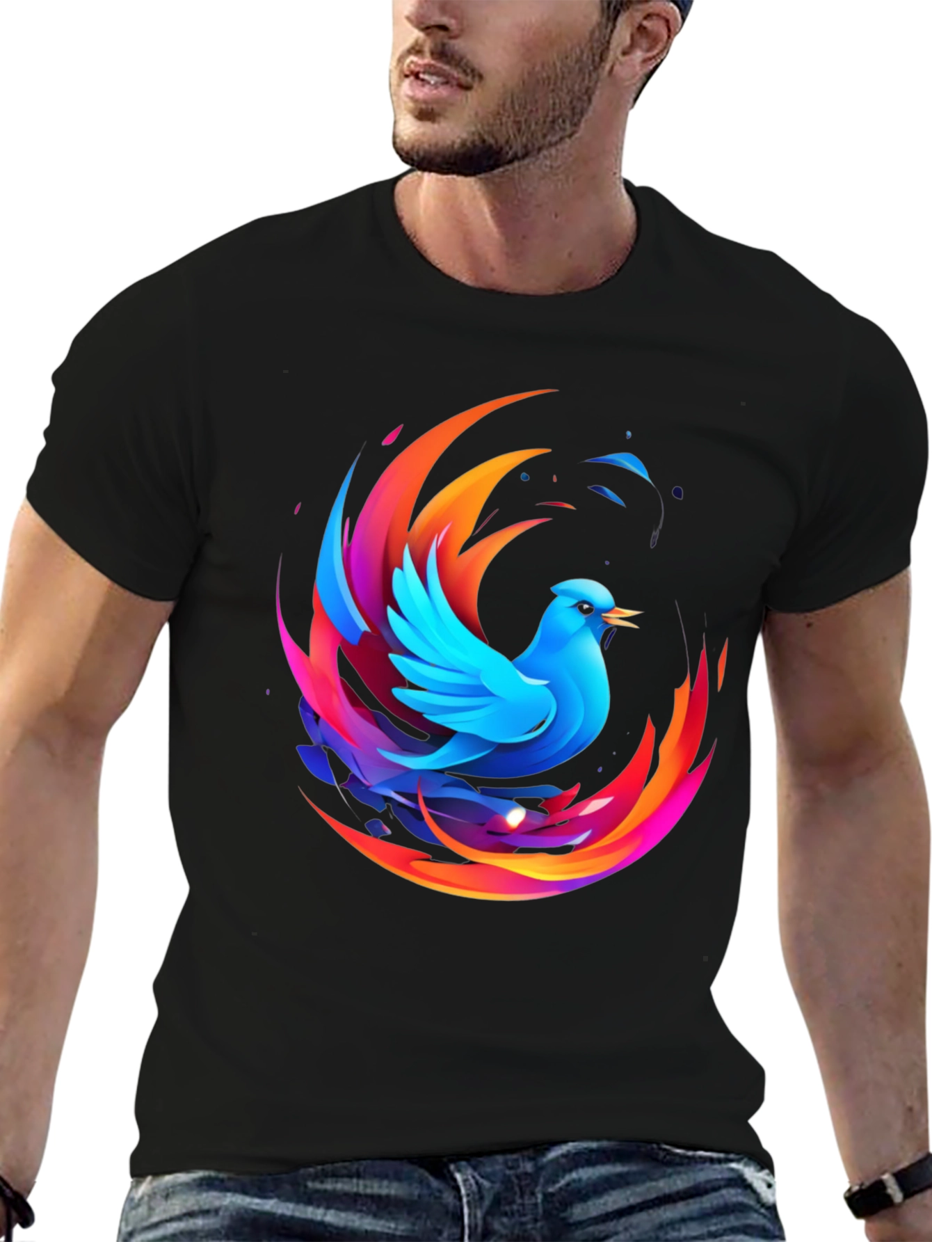 Black Phoenix Bird Graphic Print Black T-Shirt view 6