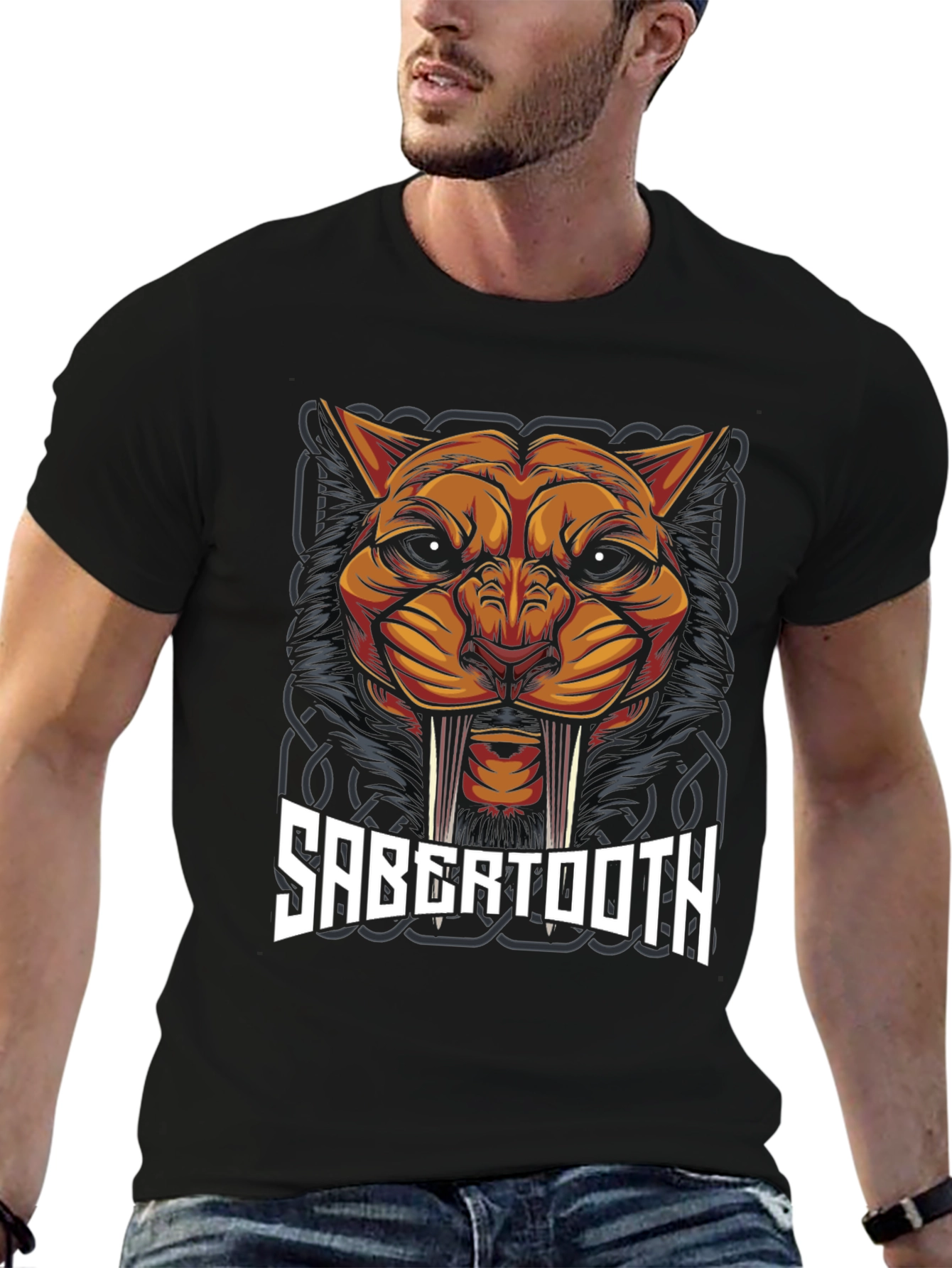 Black Sabertooth Tiger Graphic T-Shirt view 6