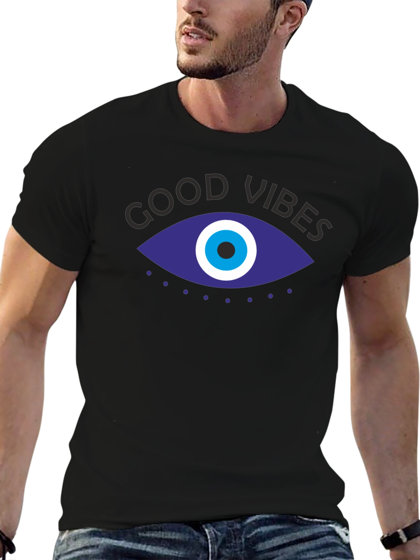 Black Good Vibes Evil Eye Graphic Tee - Black Unisex view 6