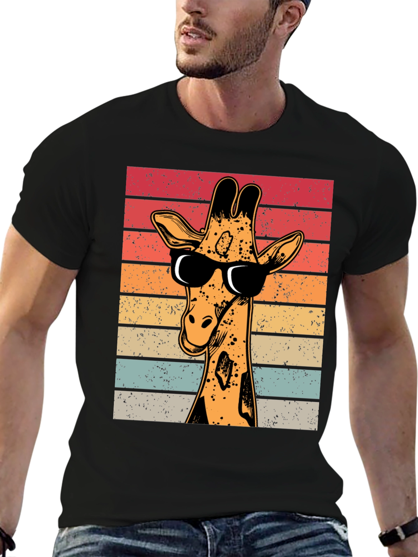 Black Cool Giraffe Retro T-Shirt view 6