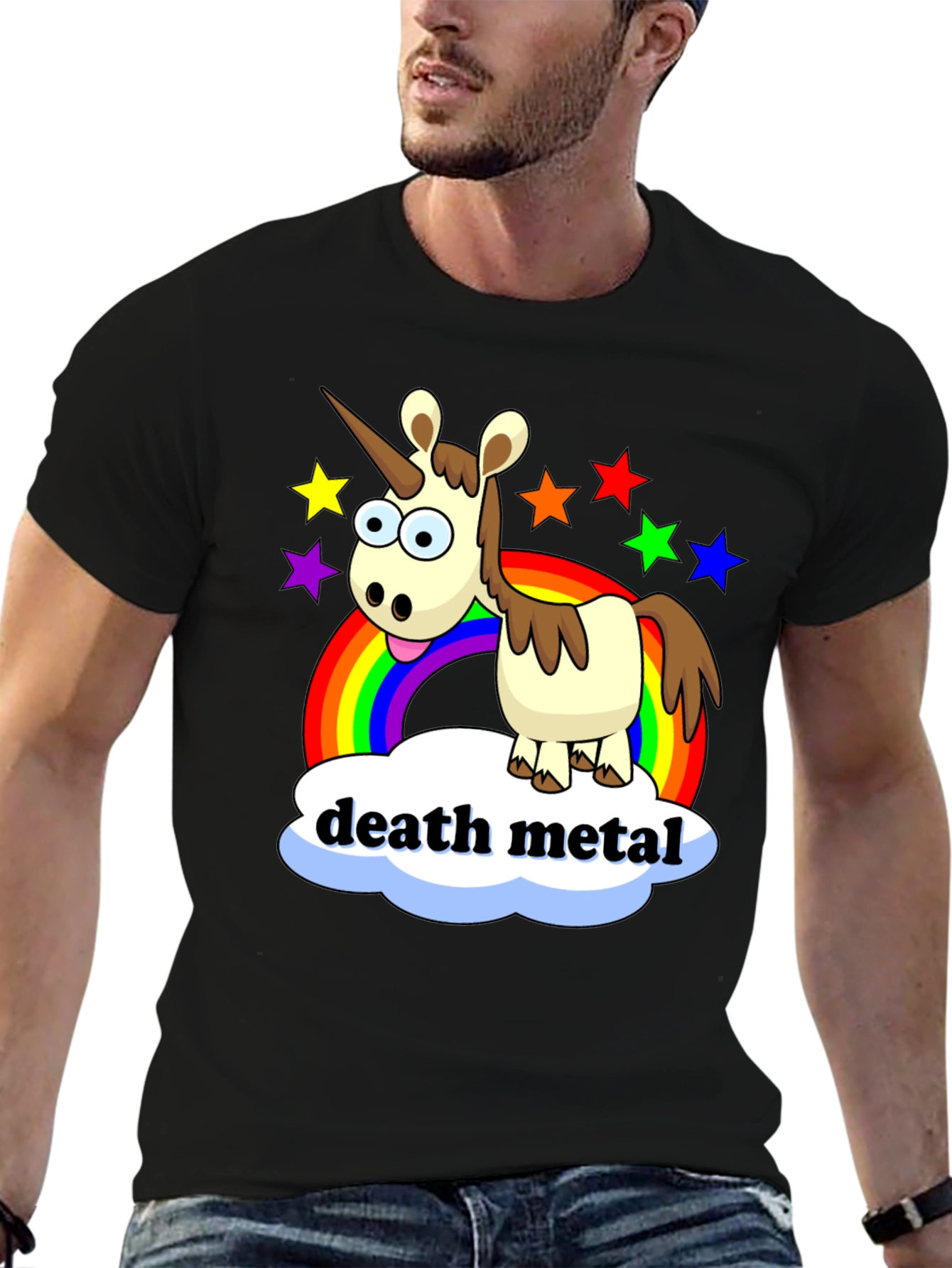 Black Death Metal Unicorn T-Shirt - Rainbow Star Design view 6