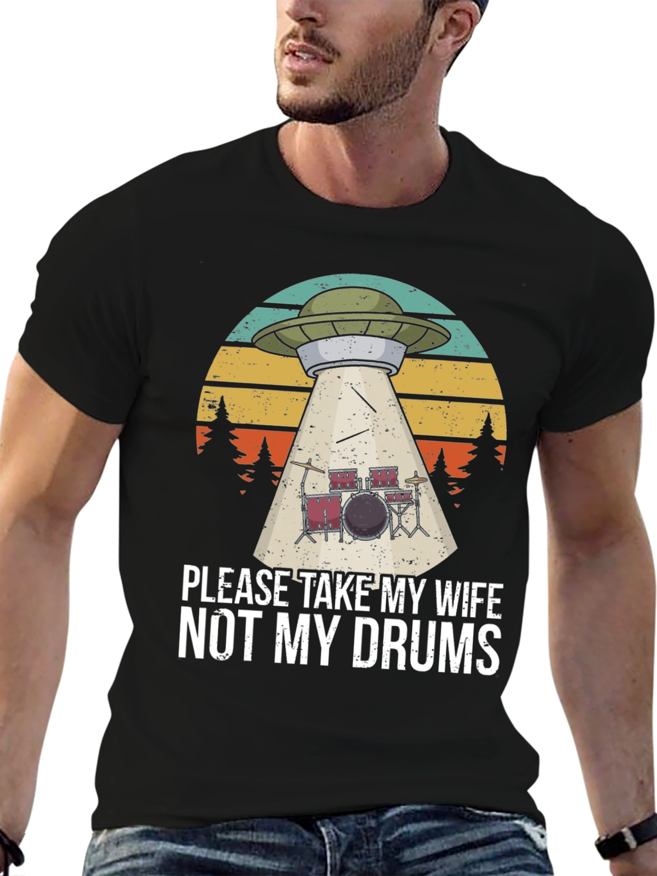 Black Funny UFO Abduction Drums T-Shirt view 6