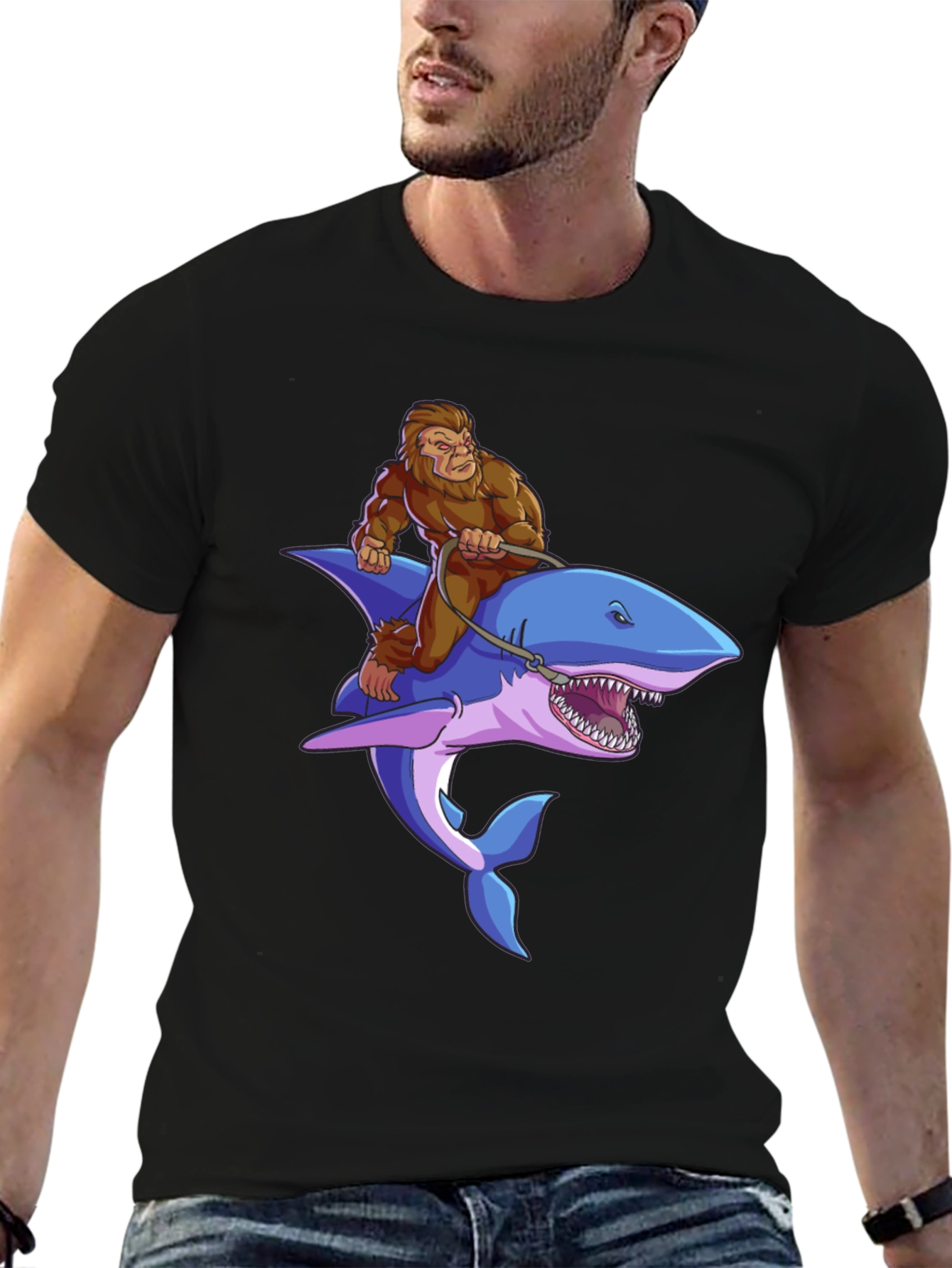 Black Bigfoot Riding Shark Graphic Tee - Black view 6