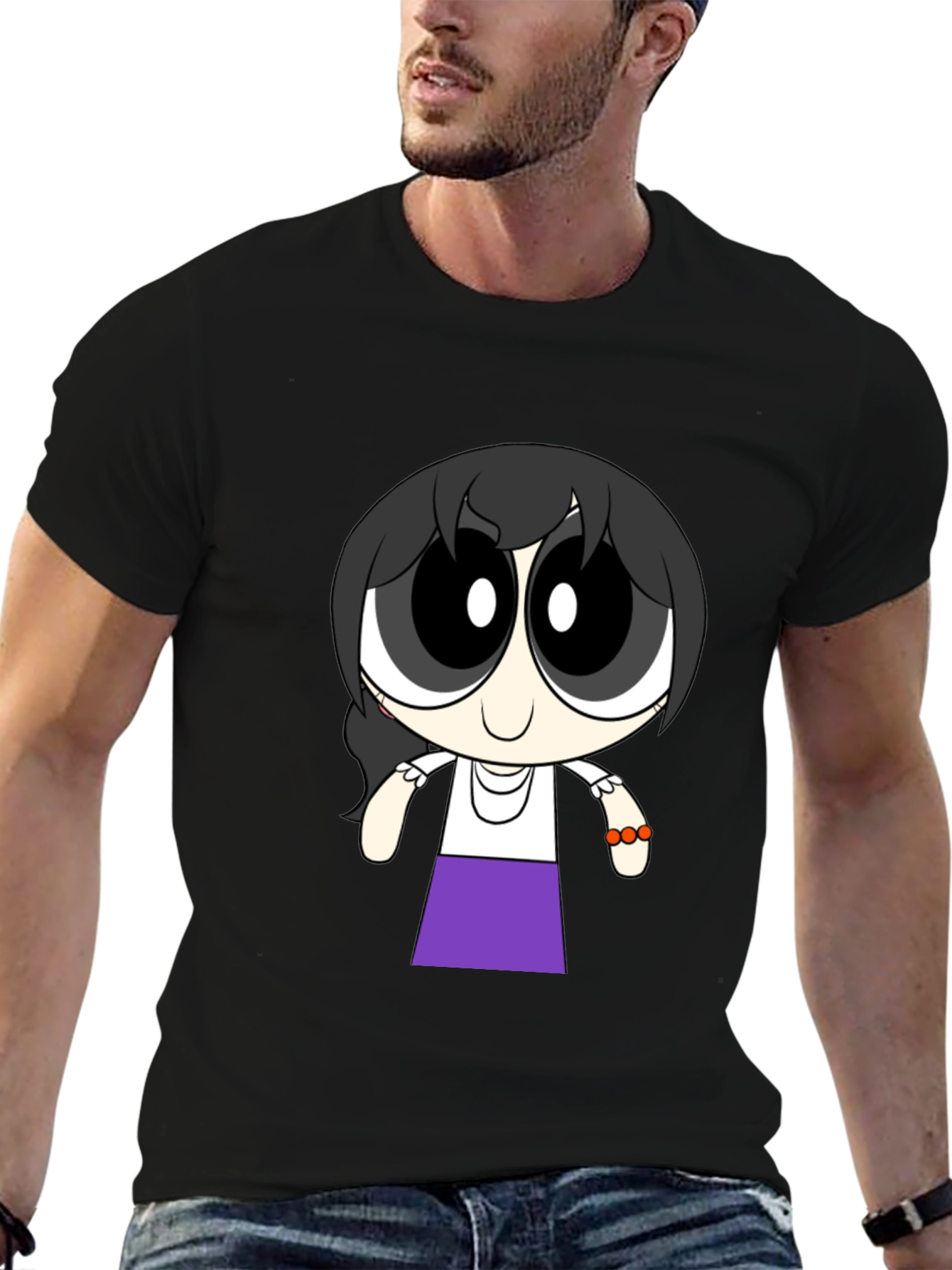 Black Cartoon Girl T-Shirt - Black Cotton Tee view 6