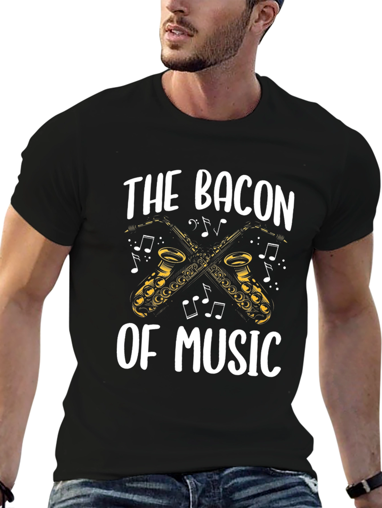 Black Bacon of Music Saxophone T-Shirt - Black Cotton Tee view 6