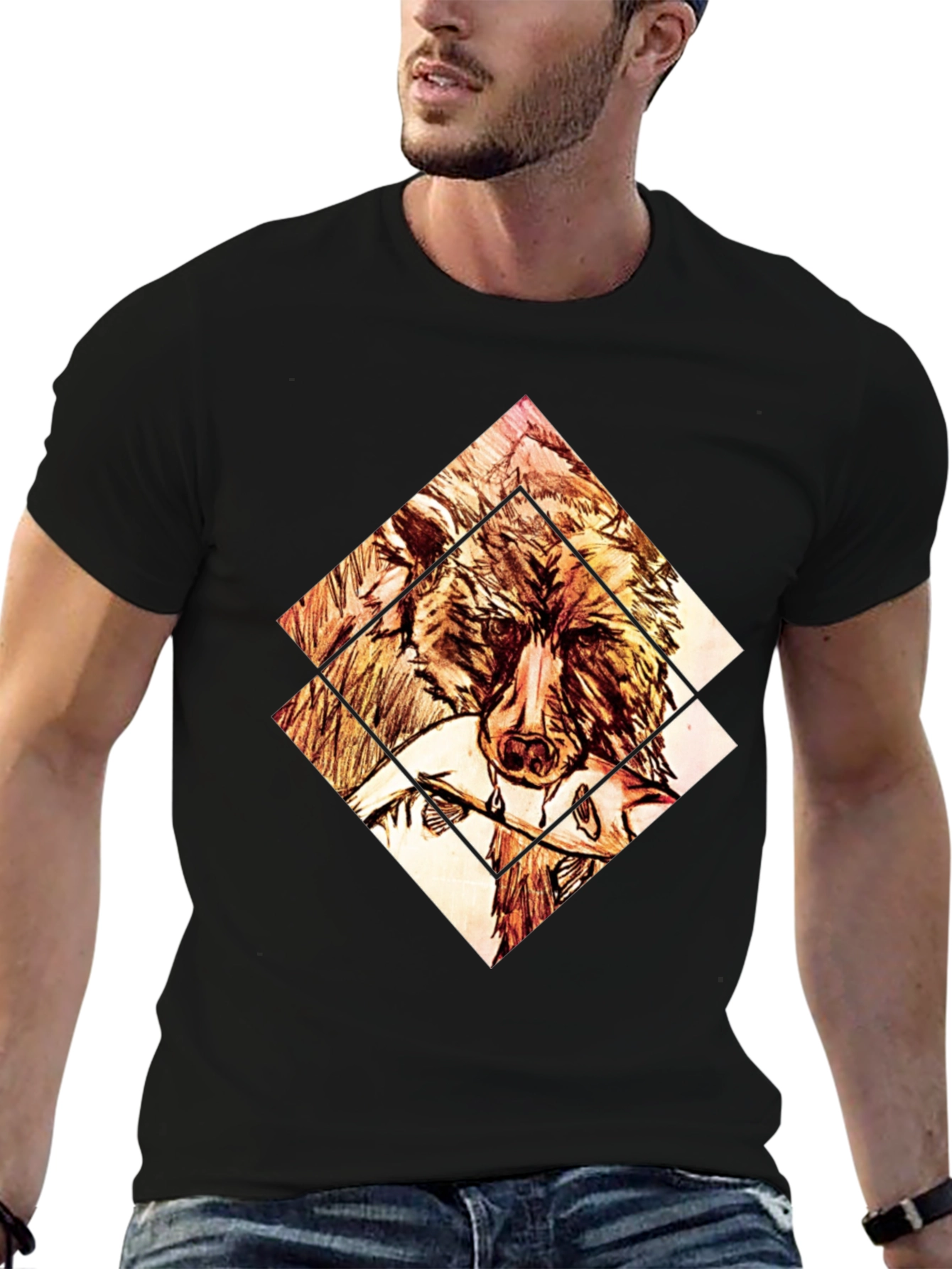 Black Geometric Bear Graphic Tee - Black Cotton view 6