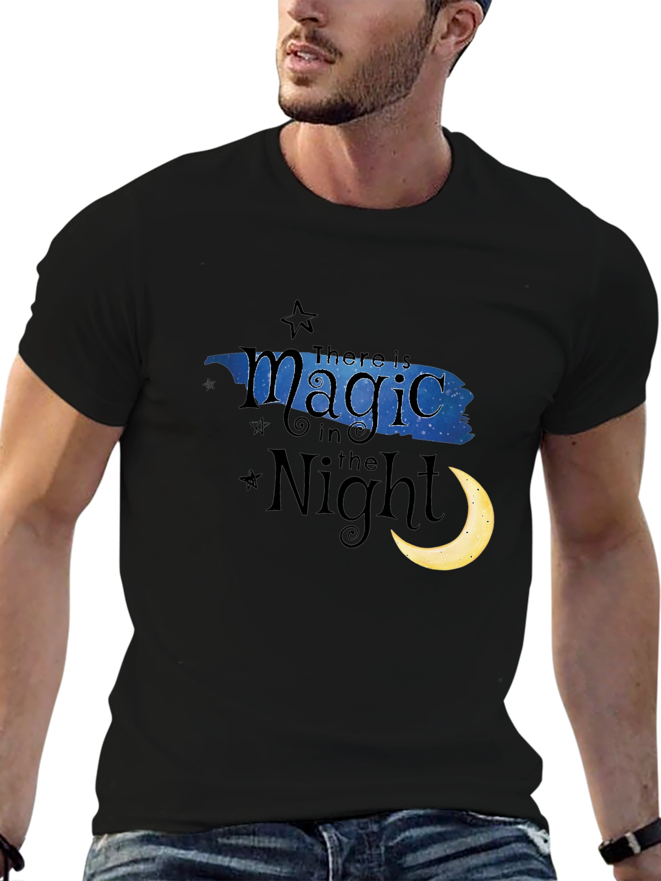 Black Magic in the Night T-Shirt - Crescent Moon & Stars Black Tee view 6