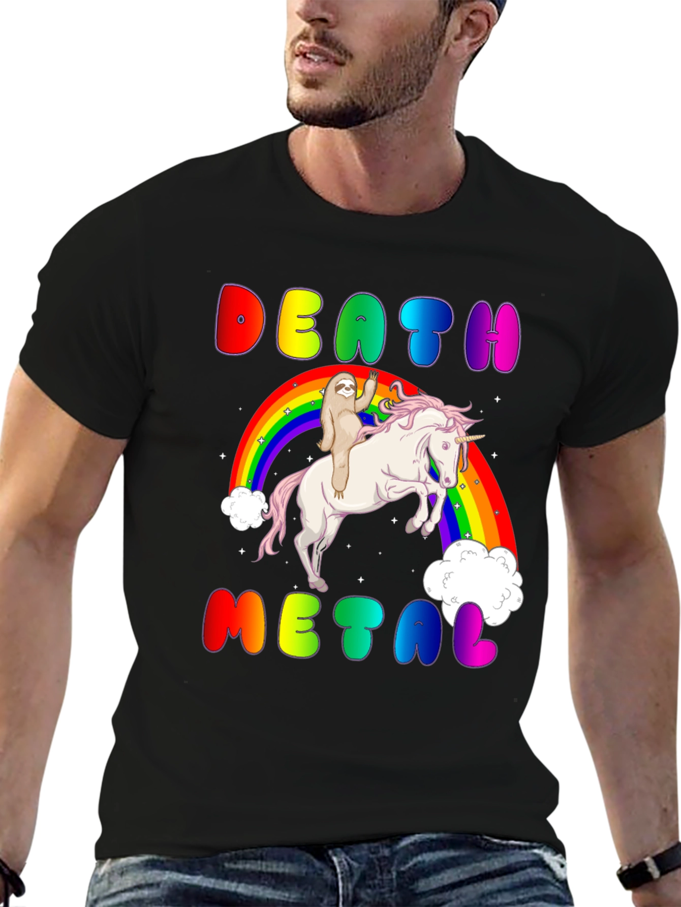 Black Death Metal Sloth Riding Unicorn T-Shirt view 6