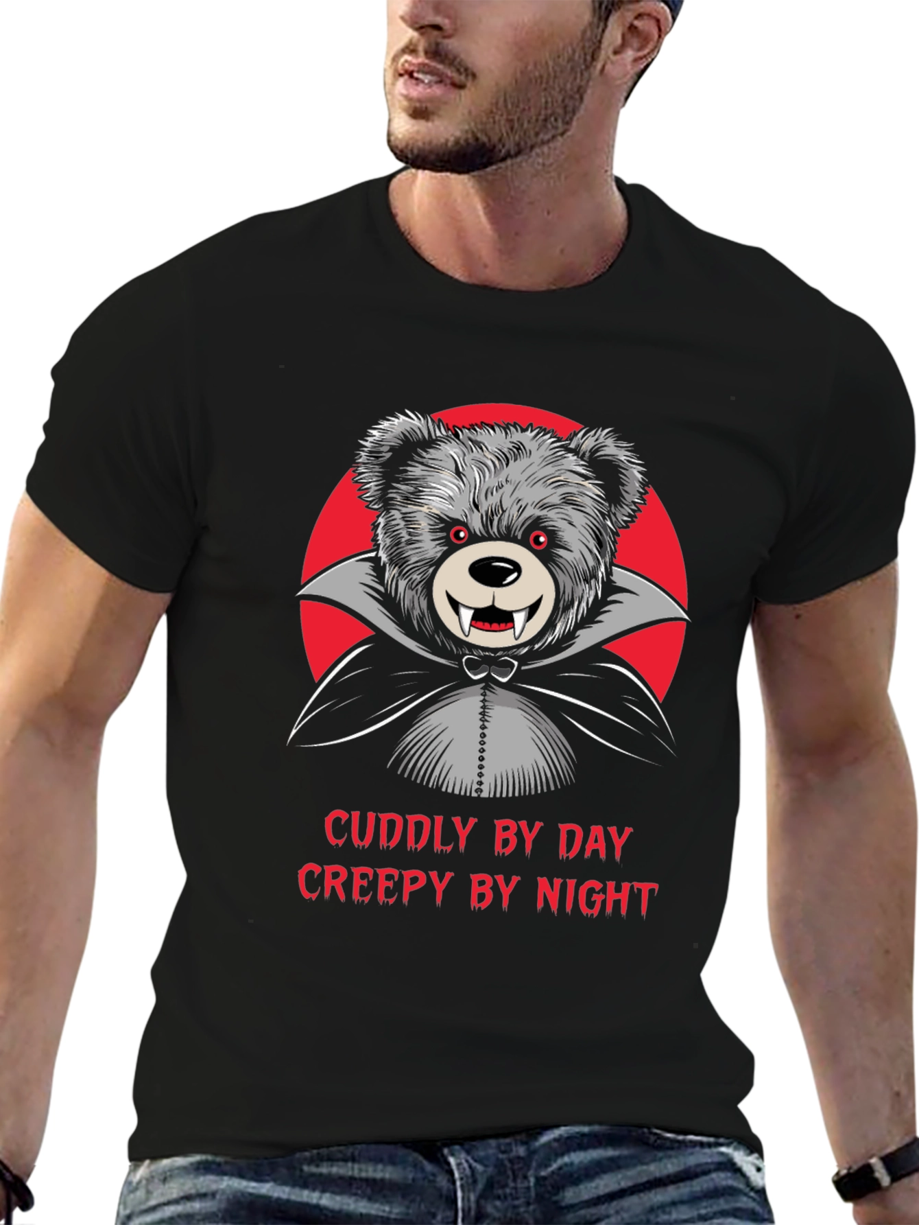 Black Cuddly by Day, Creepy by Night Vampire Teddy Bear T-Shirt view 6