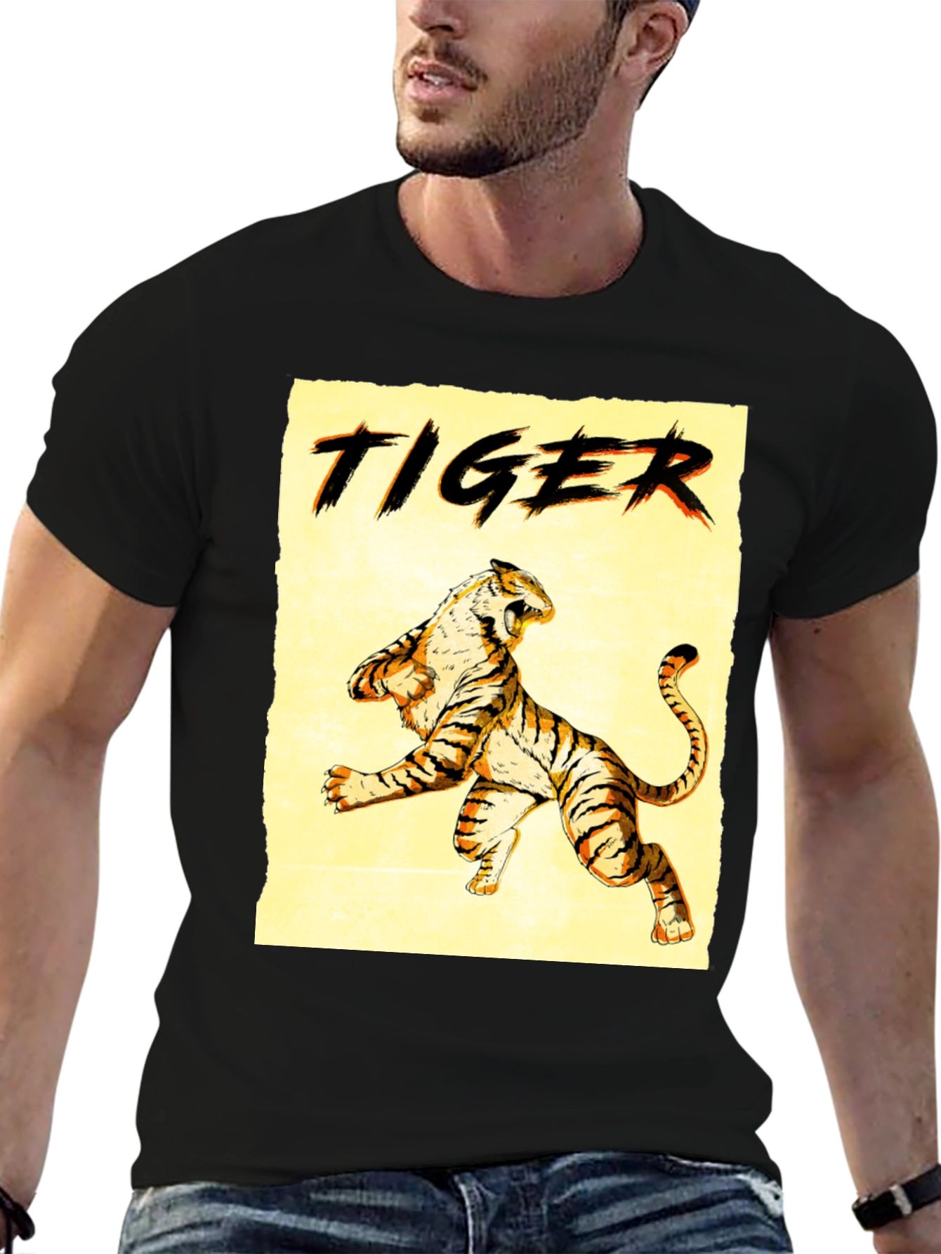 Black Tiger Graphic Print Crew Neck T-Shirt view 6