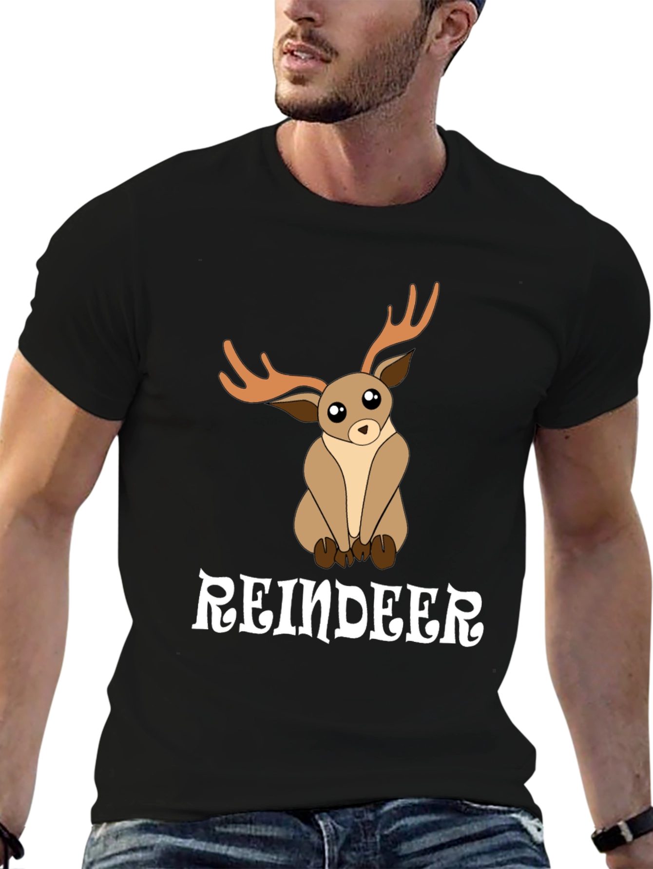 Black Cute Reindeer Graphic Tee - Black Cotton T-Shirt view 6