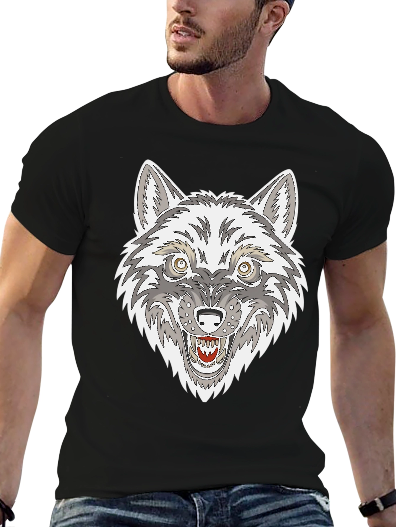 Black Wolf Graphic Print Black T-Shirt view 6