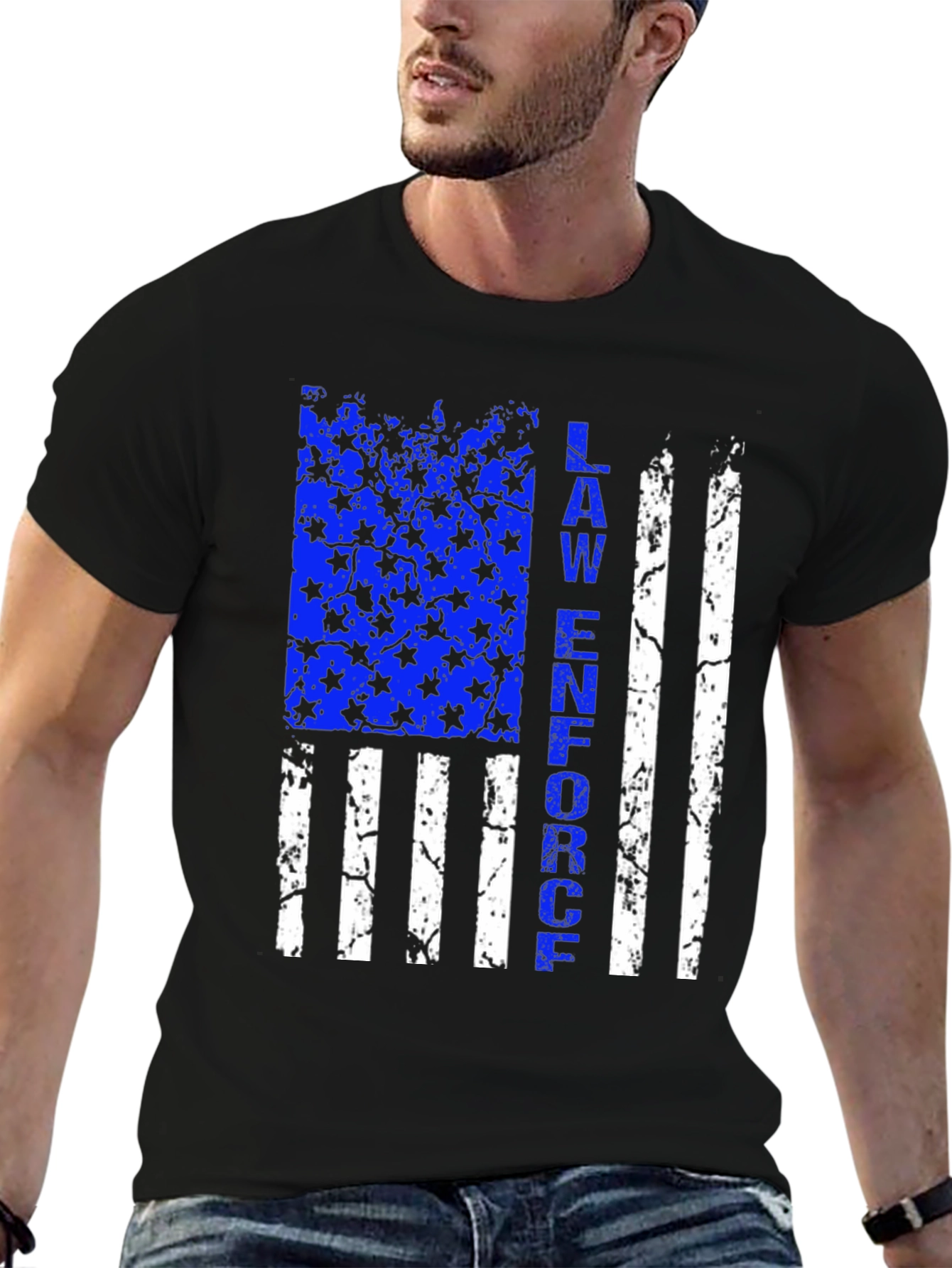 Black Law Enforcement Flag Graphic T-Shirt - Thin Blue Line Support view 6