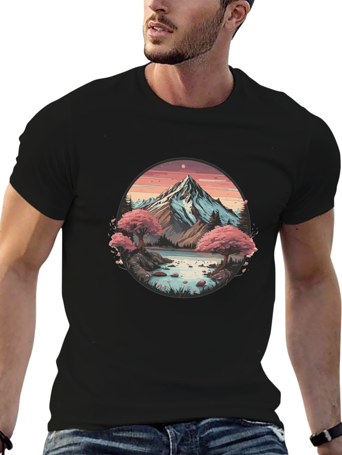 Black Mountain Lake Scene Graphic Tee - Black Casual Shirt view 6