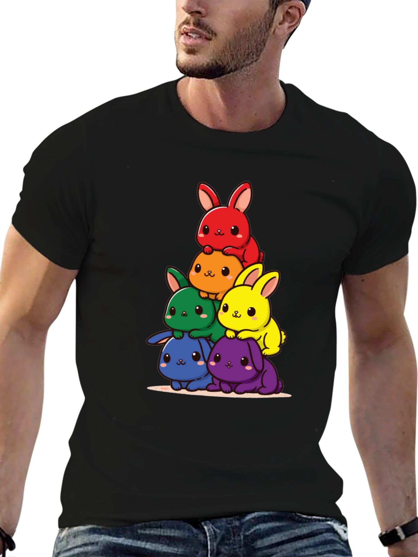 Black Rainbow Bunny Stack T-Shirt view 6