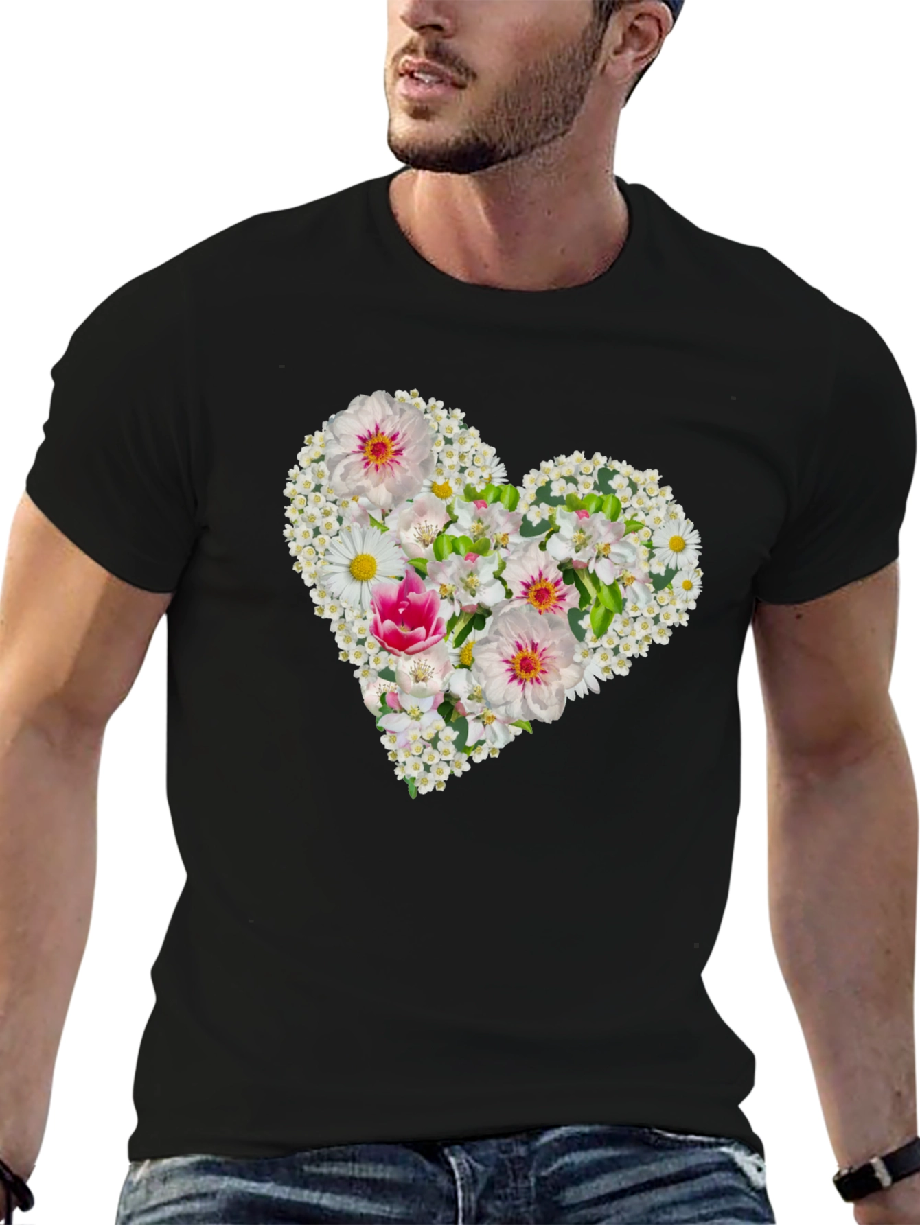 Black Floral Heart Tee - Black Cotton Graphic T-Shirt view 6