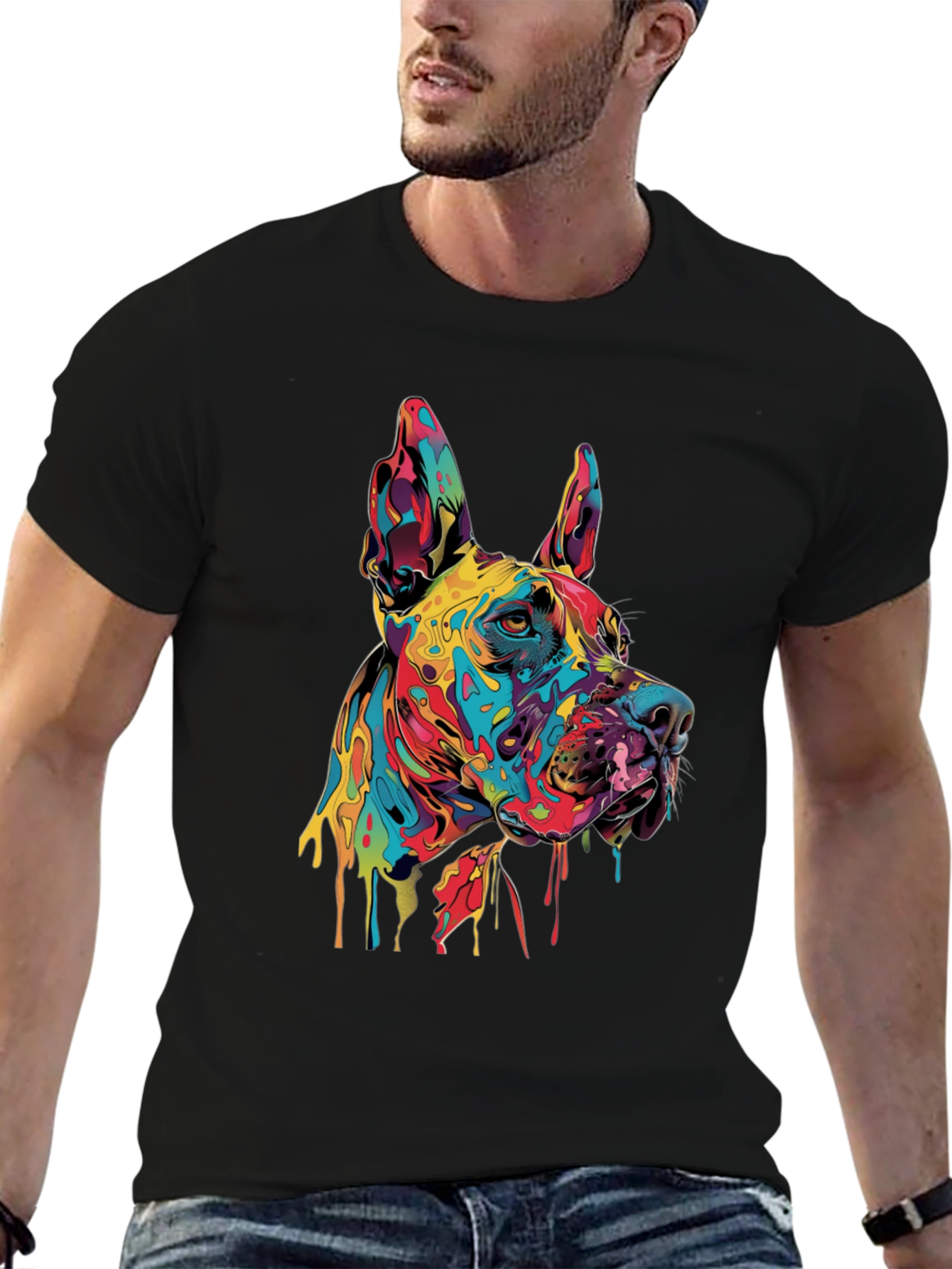 Black Colorful Dog Graphic Tee - Modern Art T-Shirt view 6