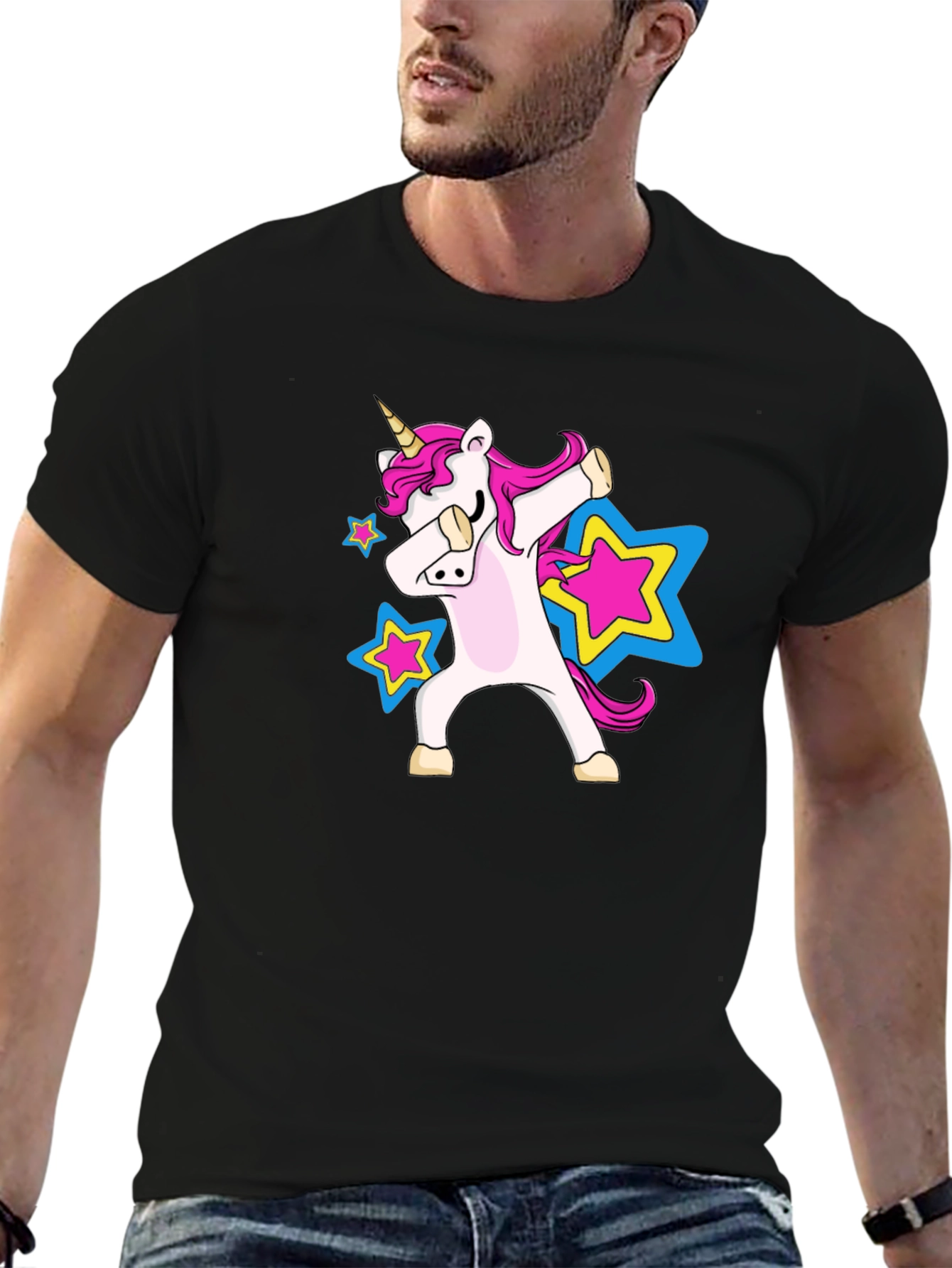 Black Dabbing Unicorn Star Black T-Shirt view 6
