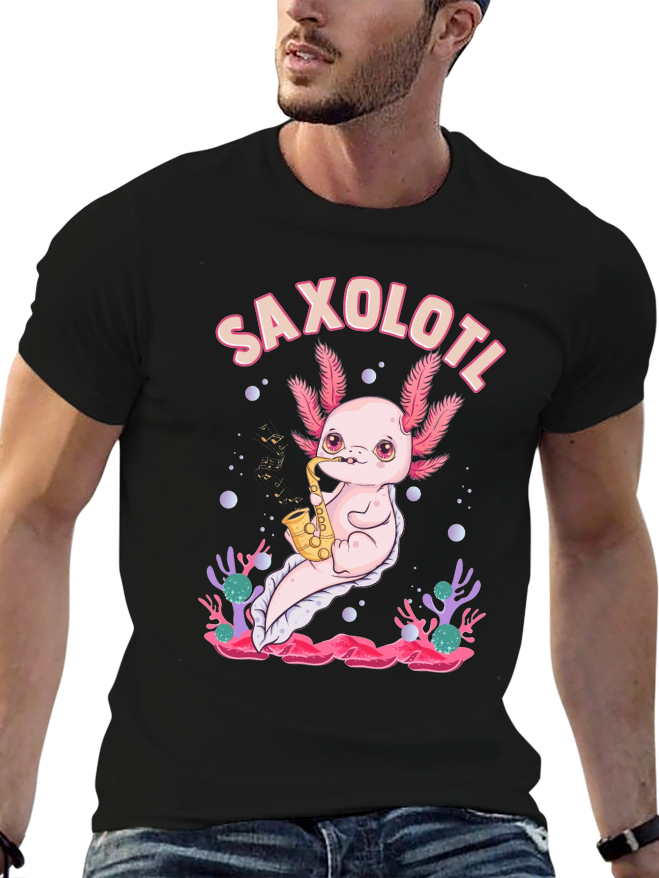 Black Saxolotl T-Shirt - Axolotl Saxophone Musician Tee view 6