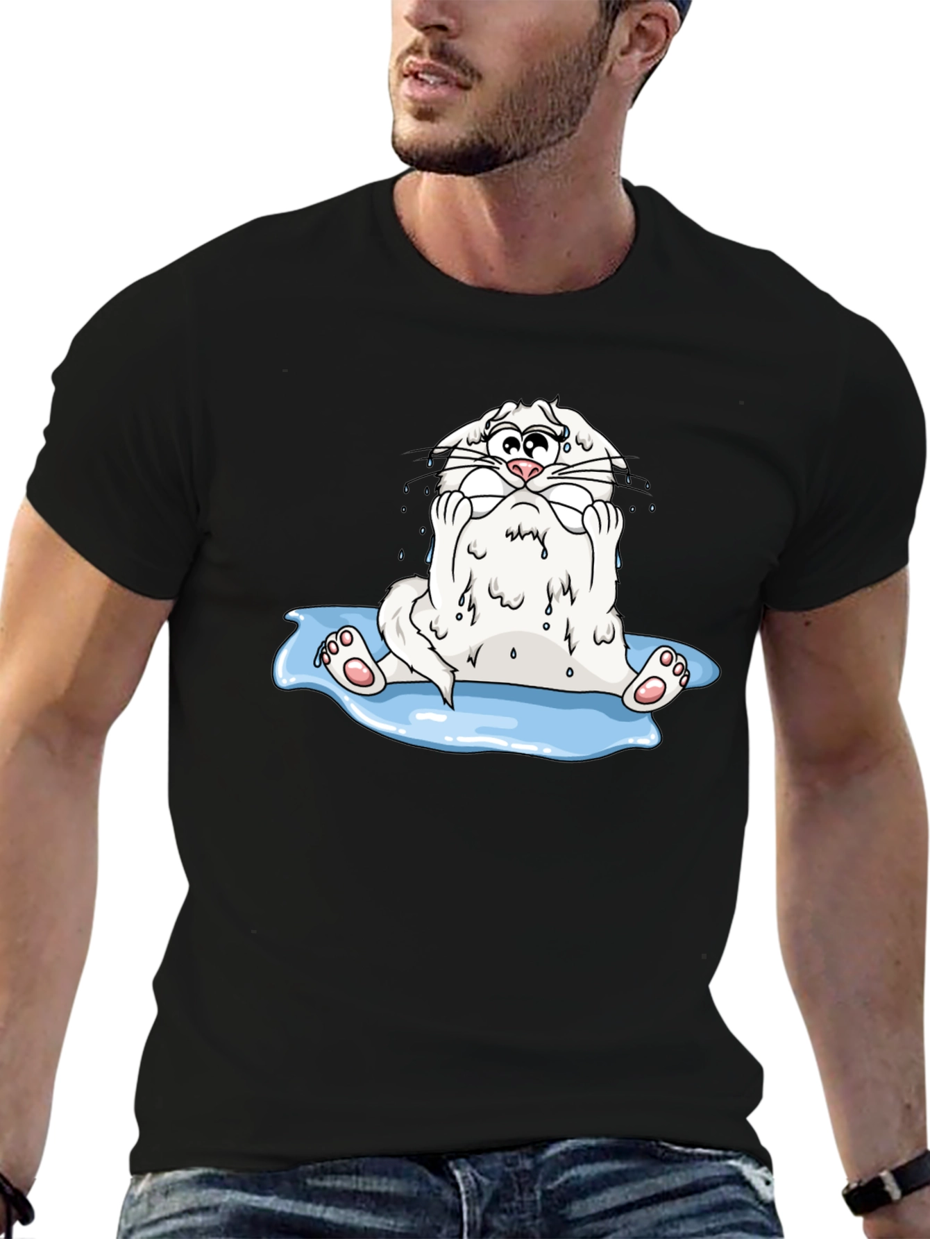 Black Funny Cartoon Cat Black T-Shirt view 6