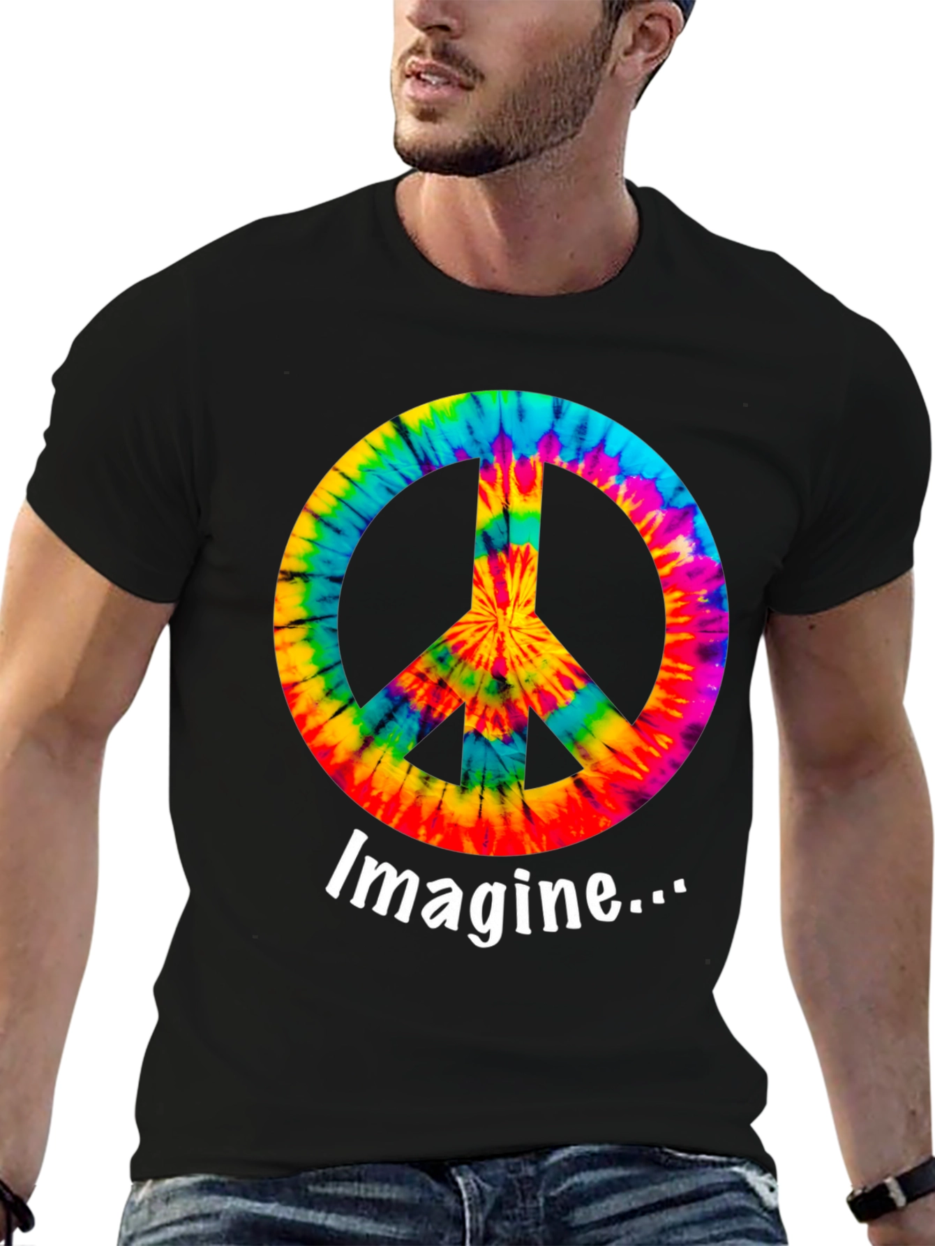 Black Imagine Peace Sign Tie-Dye Graphic T-Shirt view 6