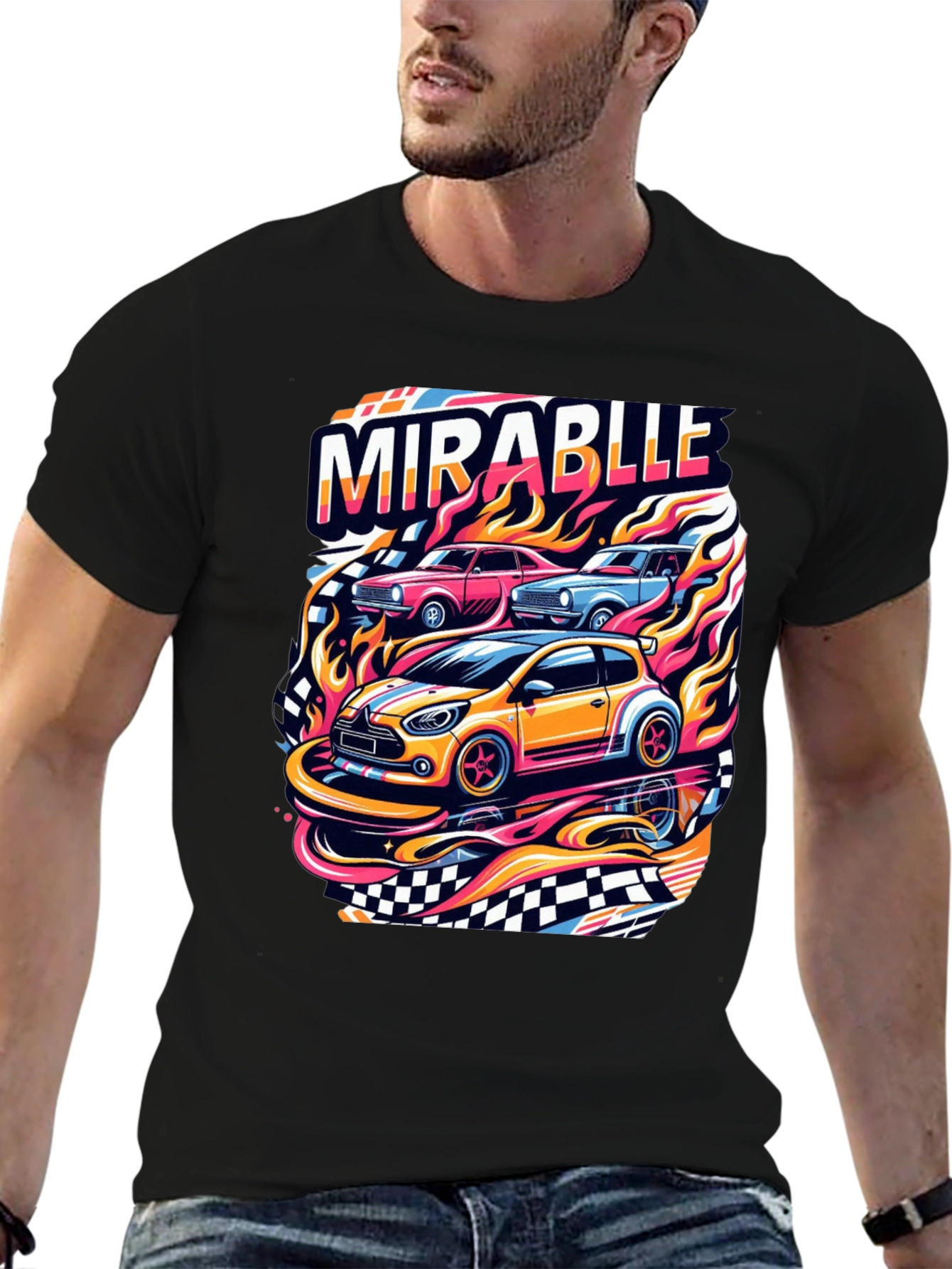 Black Mirablle Cars Graphic T-Shirt - Retro Racing Style view 6
