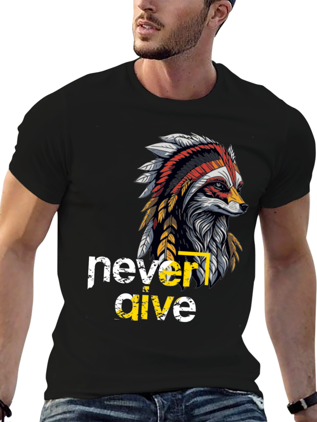 Black Native American Fox Graphic T-Shirt view 6