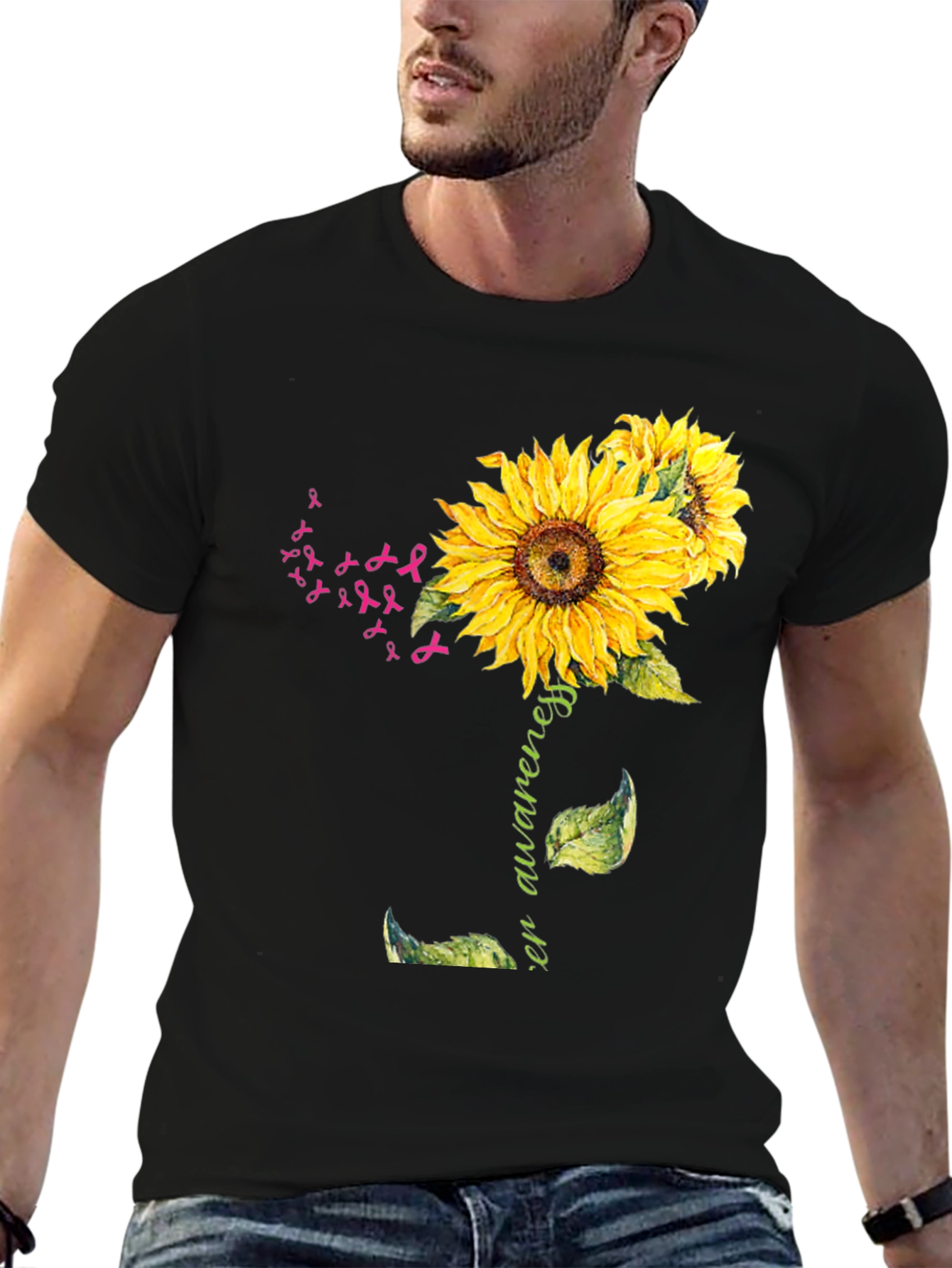 Black Sunflower Breast Cancer Awareness T-Shirt view 6