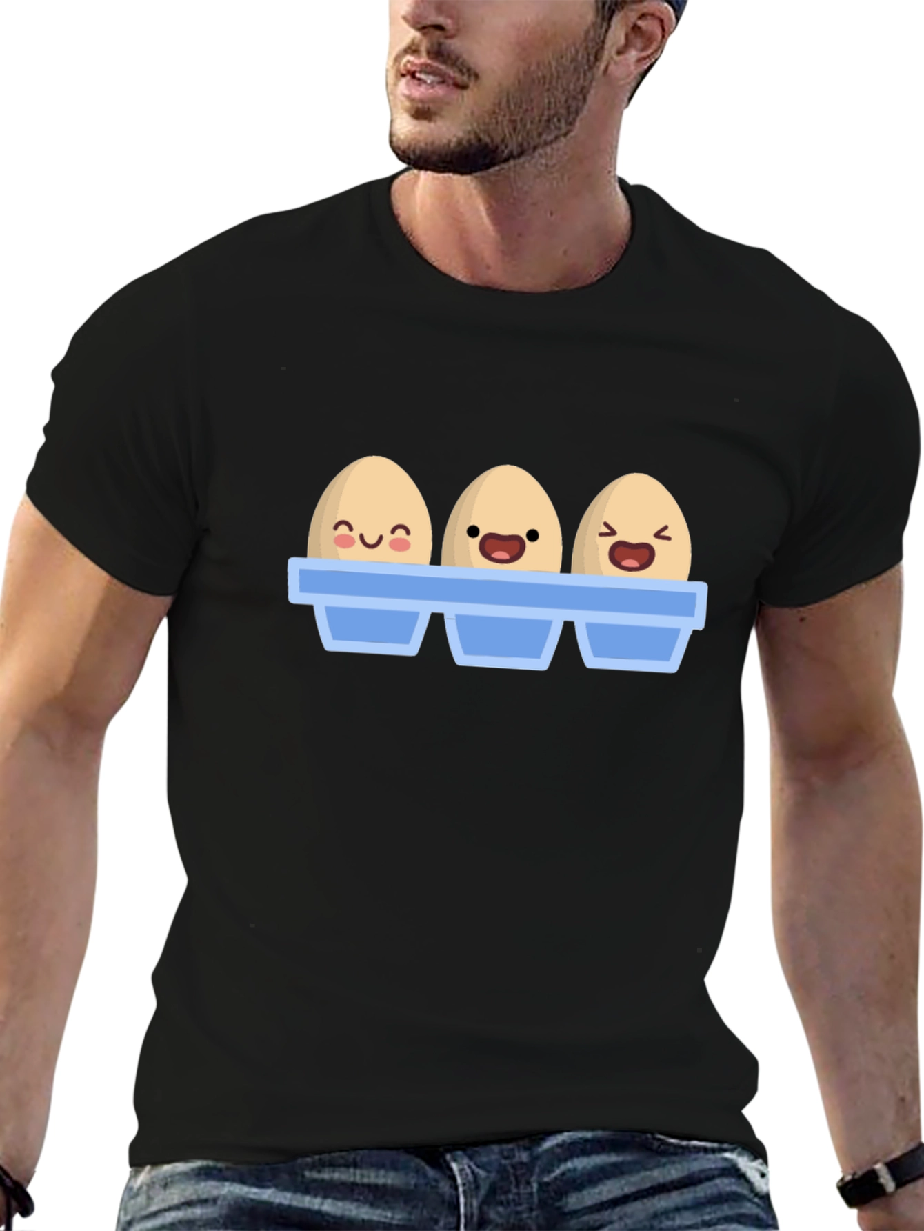 Black Funny Cartoon Eggs T-Shirt, Novelty Graphic Tee view 6