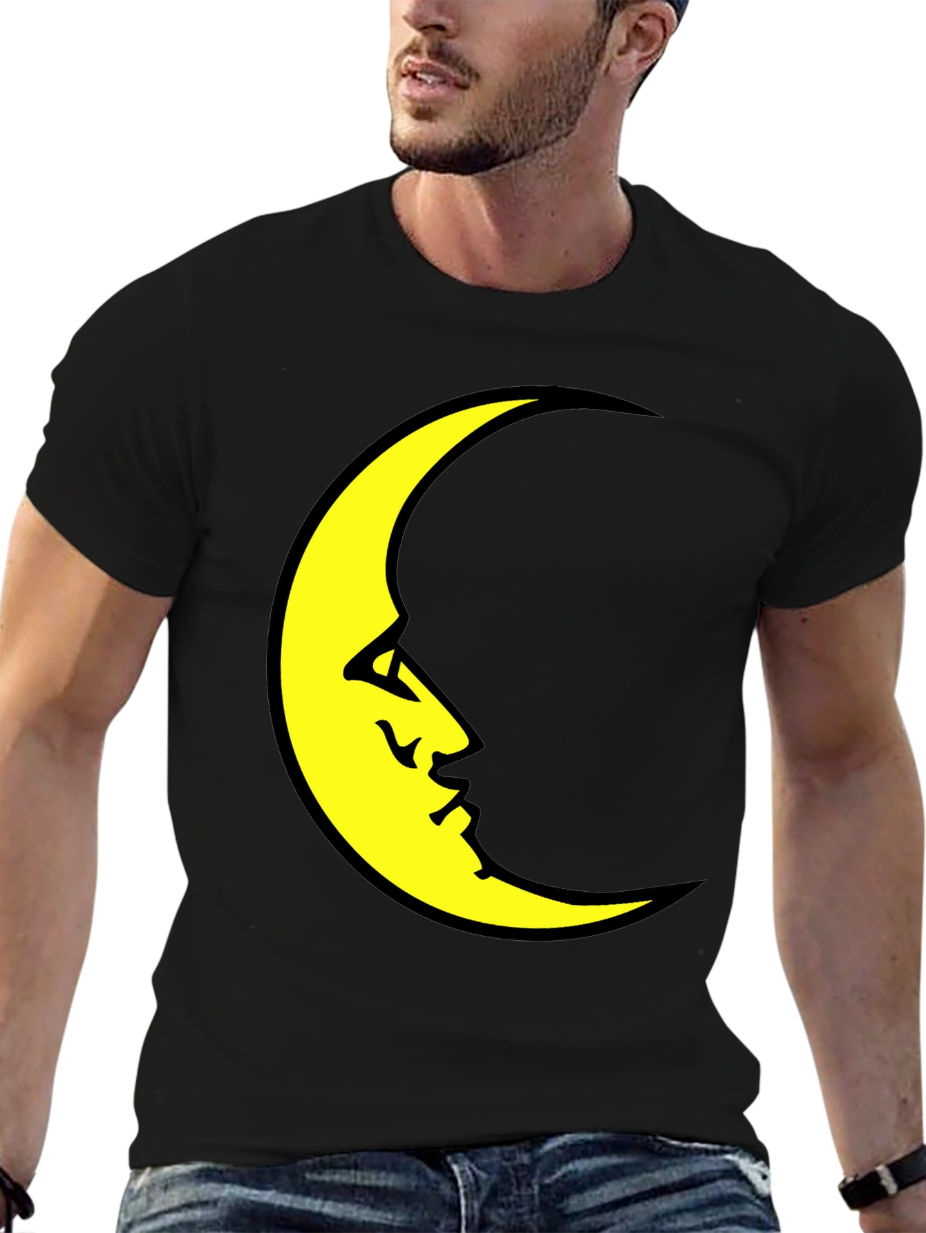 Black Crescent Moon Face Black T-Shirt view 6