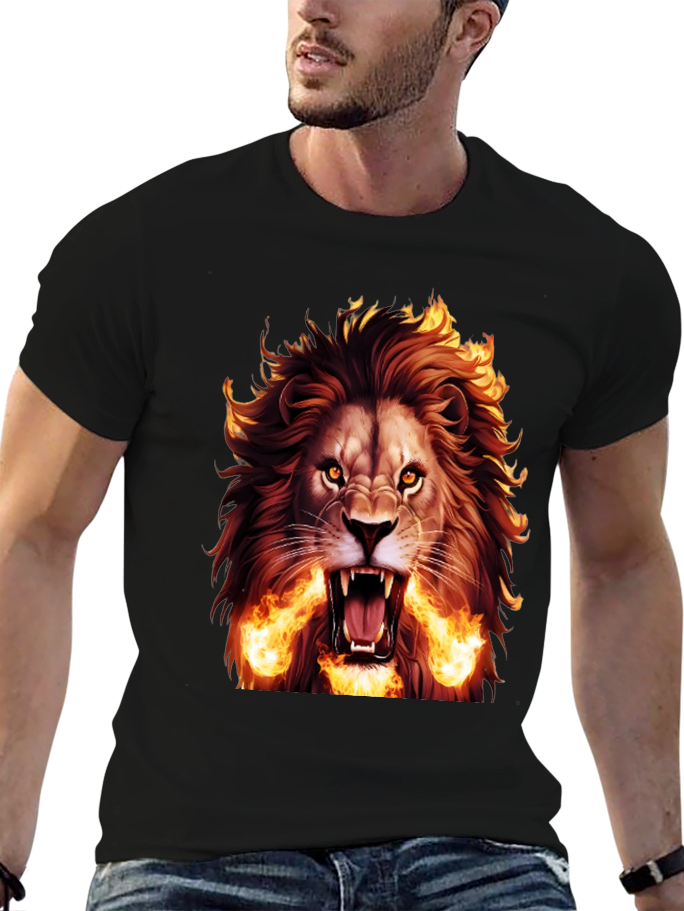 Black Fiery Lion Graphic Tee - Bold Black T-Shirt view 6